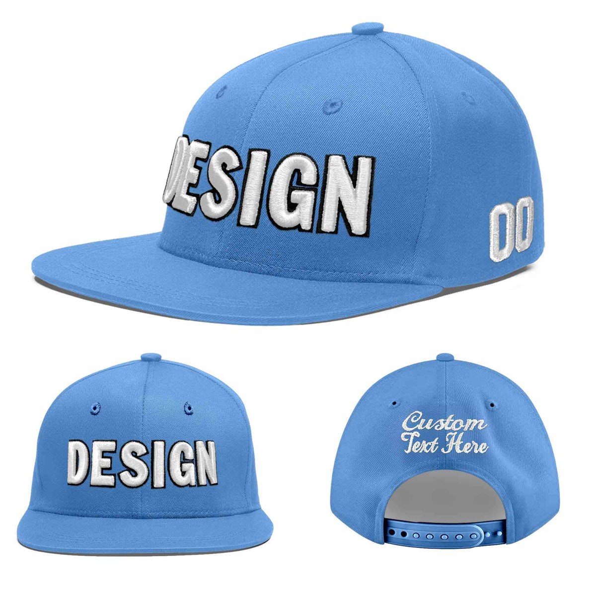 Custom Powder Blue 3D Puff Embroidery Flat Embroidery Casual Sport Baseball Cap