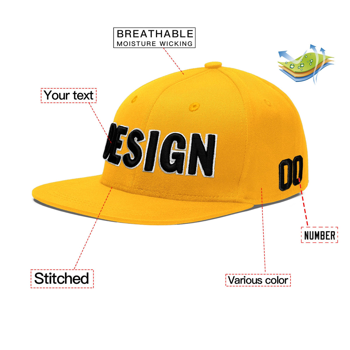 Custom Yellow 3D Puff Embroidery Flat Embroidery Casual Sport Baseball Cap