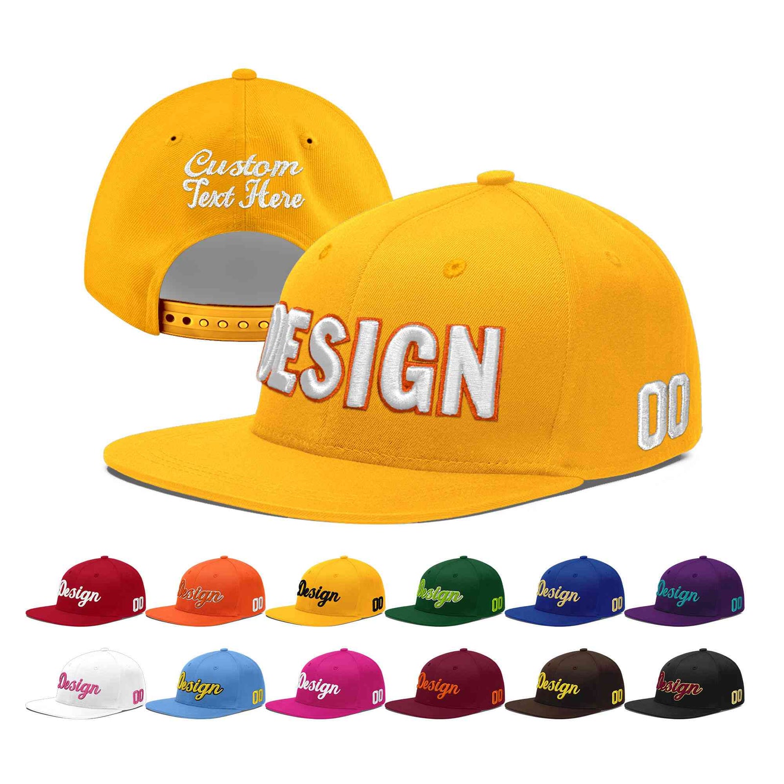 Custom Yellow 3D Puff Embroidery Flat Embroidery Casual Sport Baseball Cap