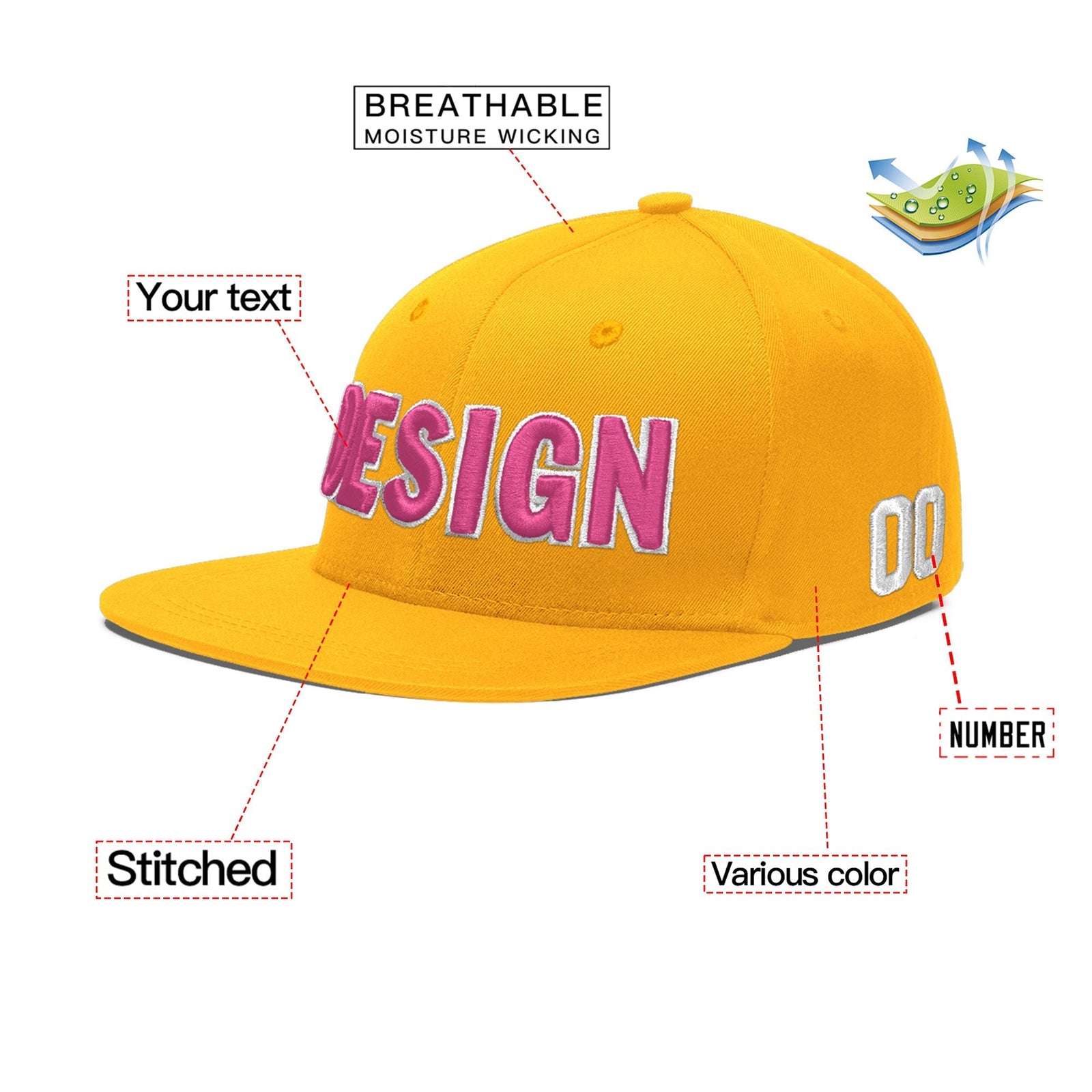 Custom Yellow 3D Puff Embroidery Flat Embroidery Casual Sport Baseball Cap