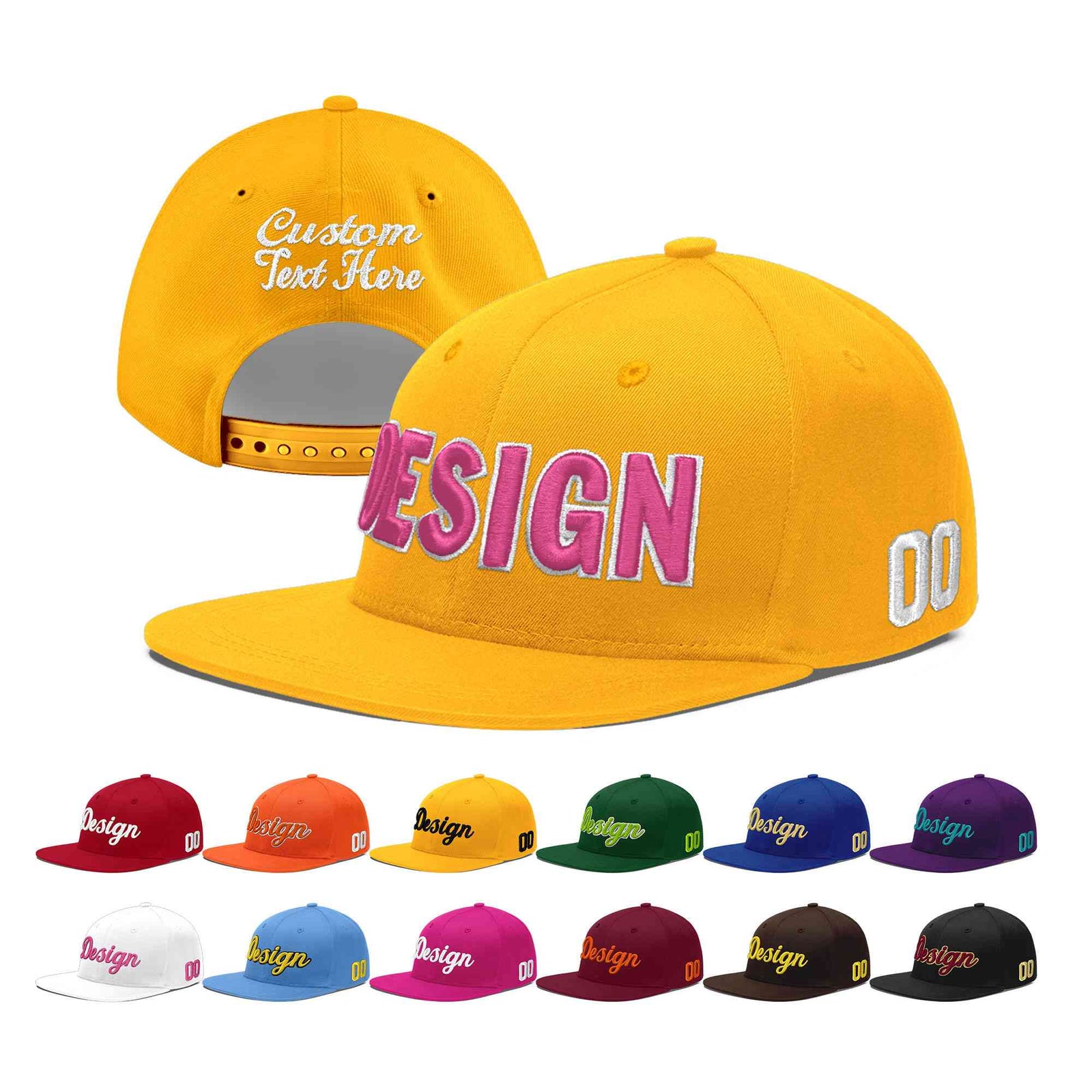 Custom Yellow 3D Puff Embroidery Flat Embroidery Casual Sport Baseball Cap