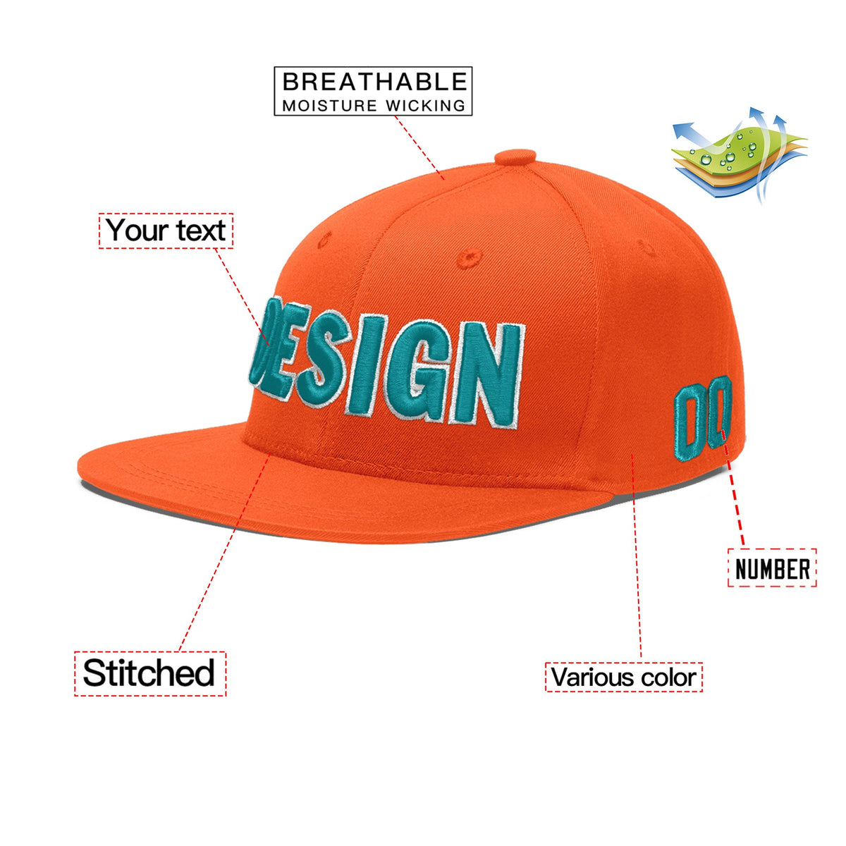 Custom Orange 3D Puff Embroidery Flat Embroidery Casual Sport Baseball Cap