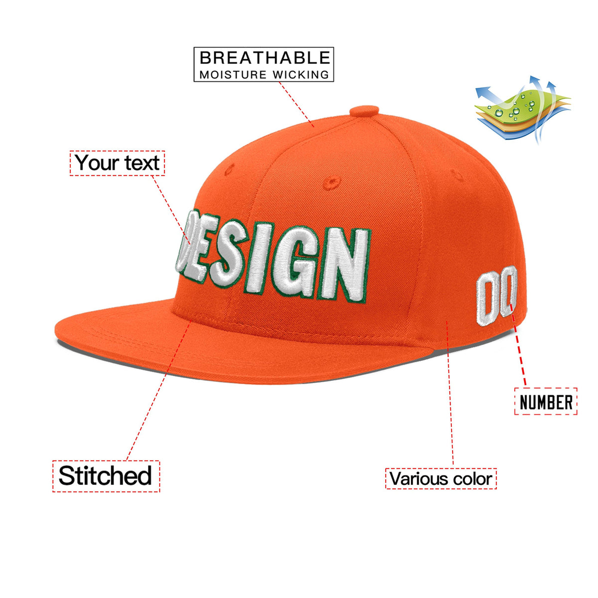 Custom Orange 3D Puff Embroidery Flat Embroidery Casual Sport Baseball Cap