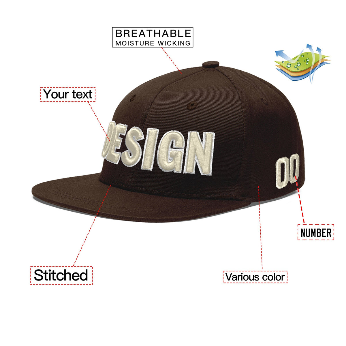 Custom Brown 3D Puff Embroidery Flat Embroidery Casual Sport Baseball Cap