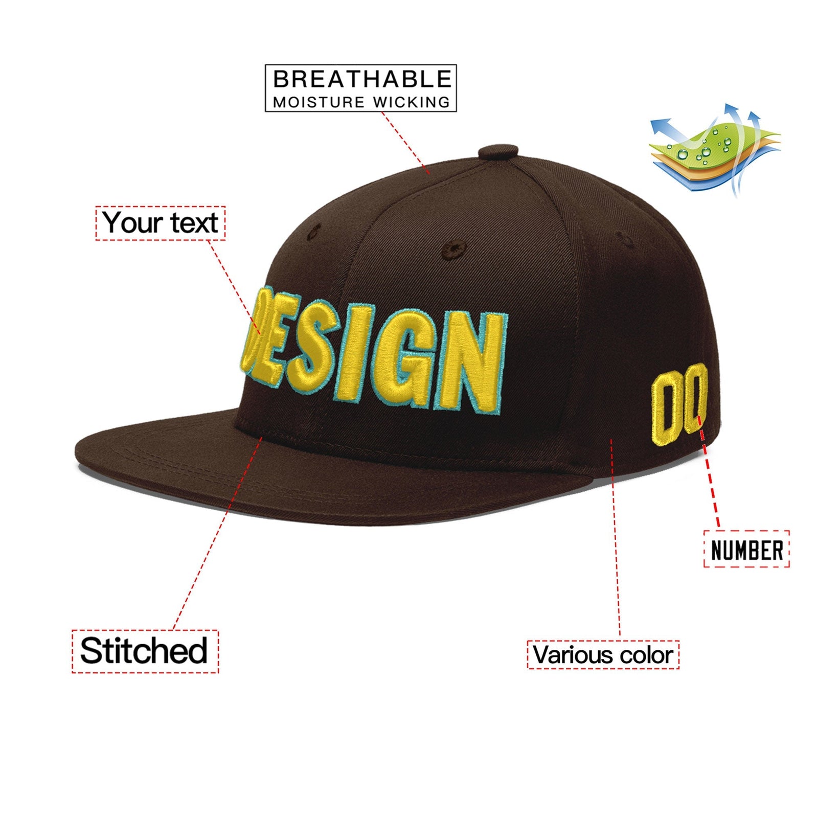 Custom Brown 3D Puff Embroidery Flat Embroidery Casual Sport Baseball Cap