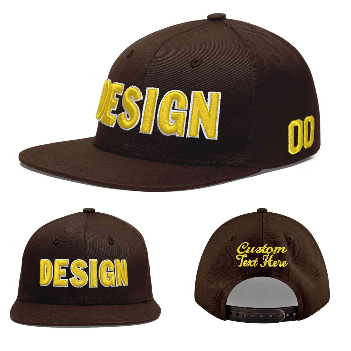 Custom Brown 3D Puff Embroidery Flat Embroidery Casual Sport Baseball Cap