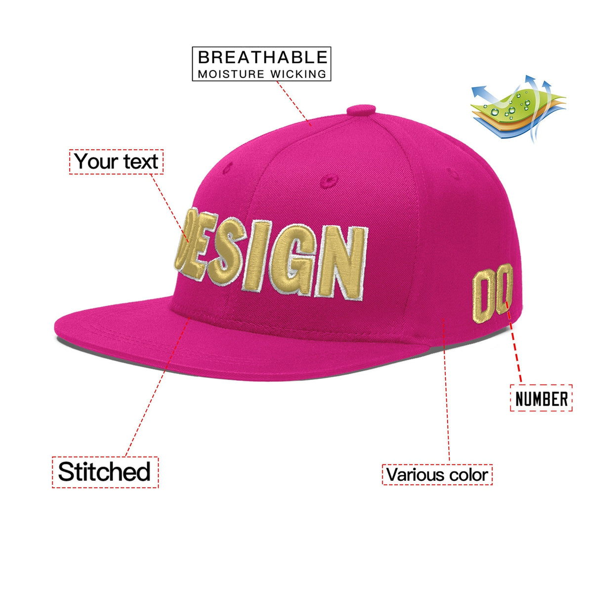 Custom Rose Red 3D Puff Embroidery Flat Embroidery Casual Sport Baseball Cap