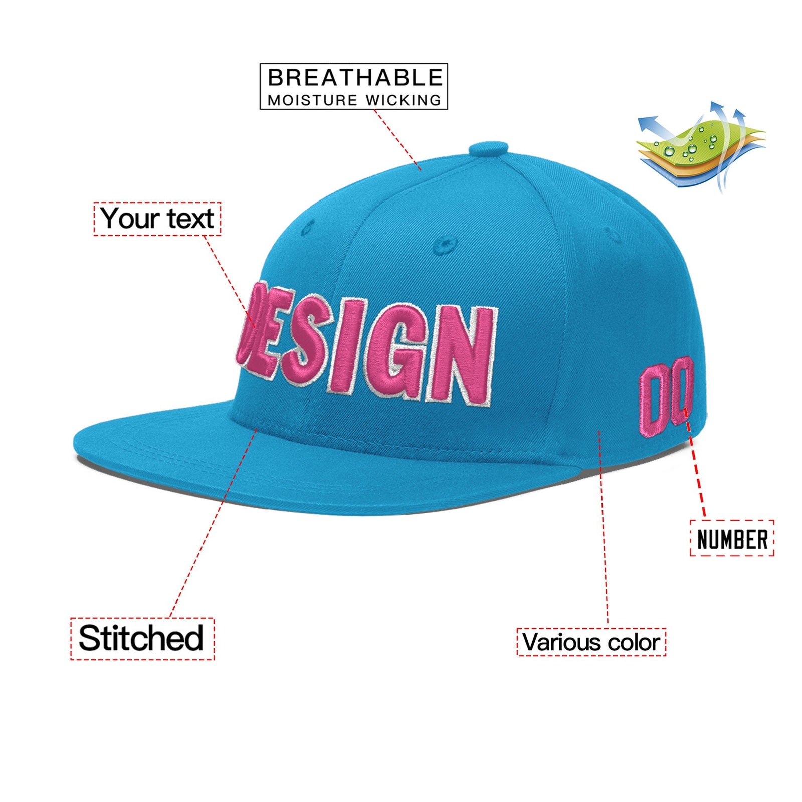Custom Light Blue 3D Puff Embroidery Flat Embroidery Casual Sport Baseball Cap