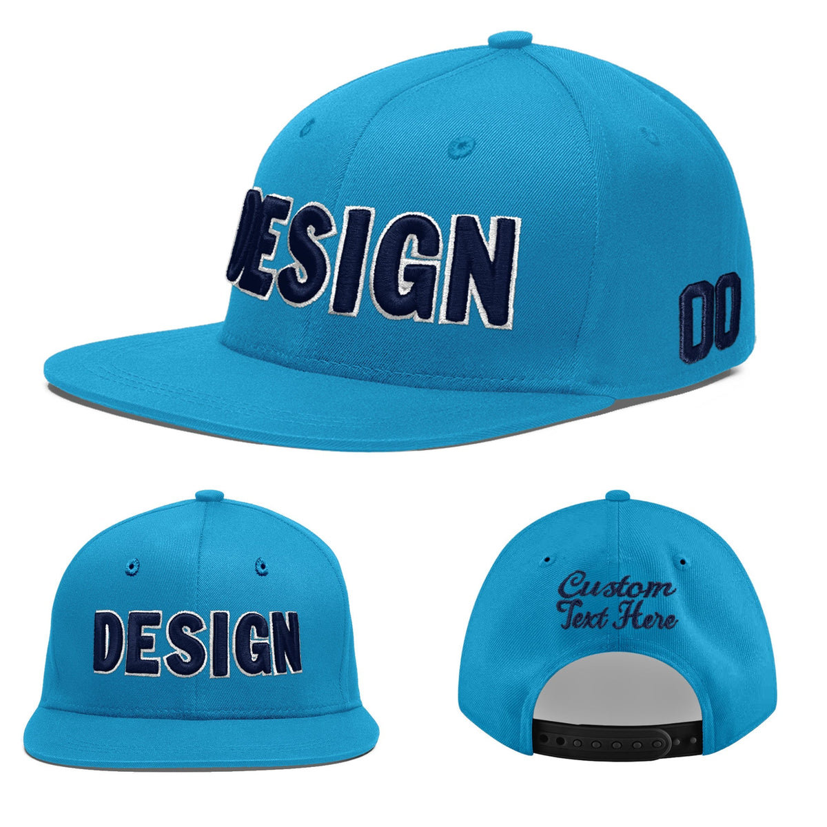 Custom Light Blue 3D Puff Embroidery Flat Embroidery Casual Sport Baseball Cap