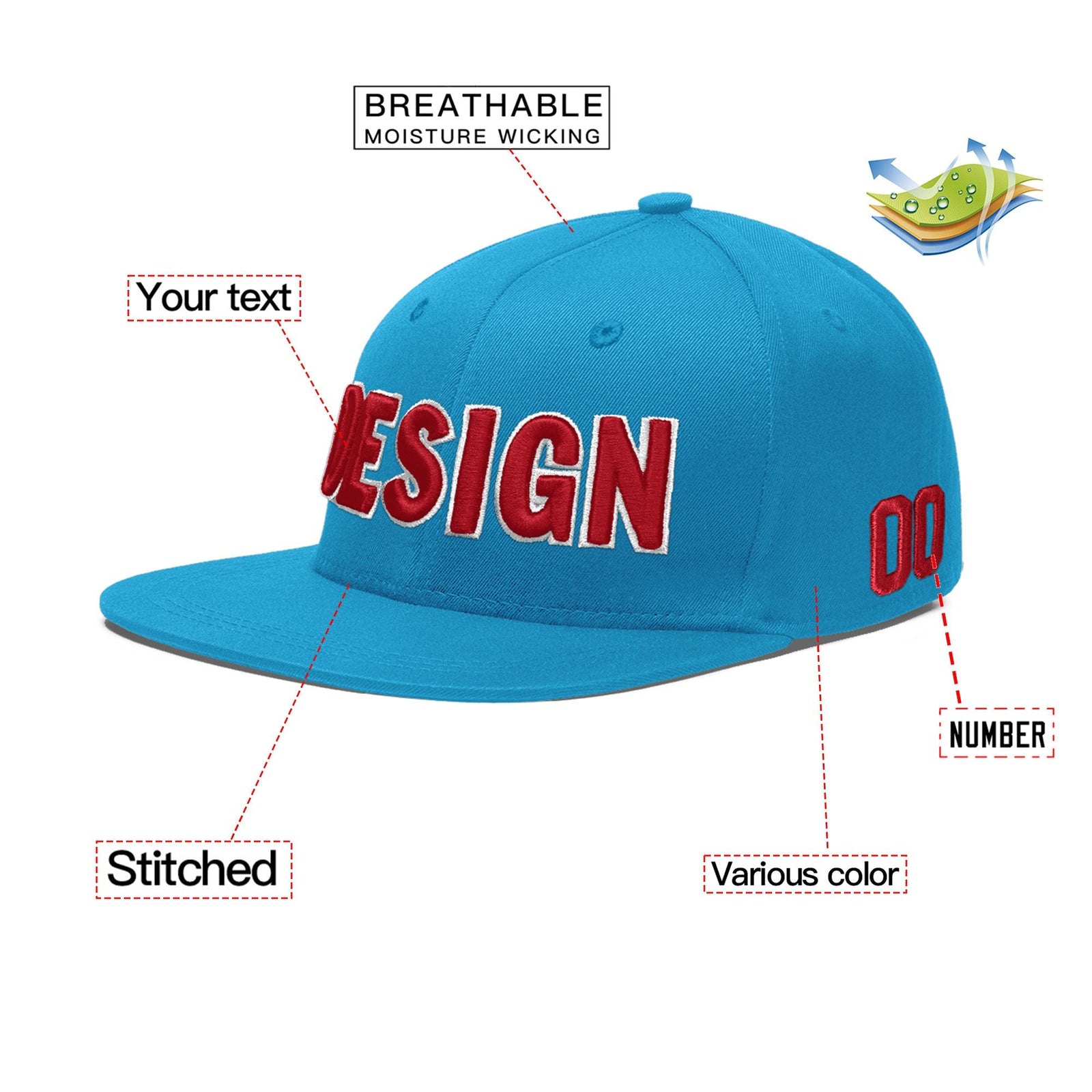 Custom Light Blue 3D Puff Embroidery Flat Embroidery Casual Sport Baseball Cap