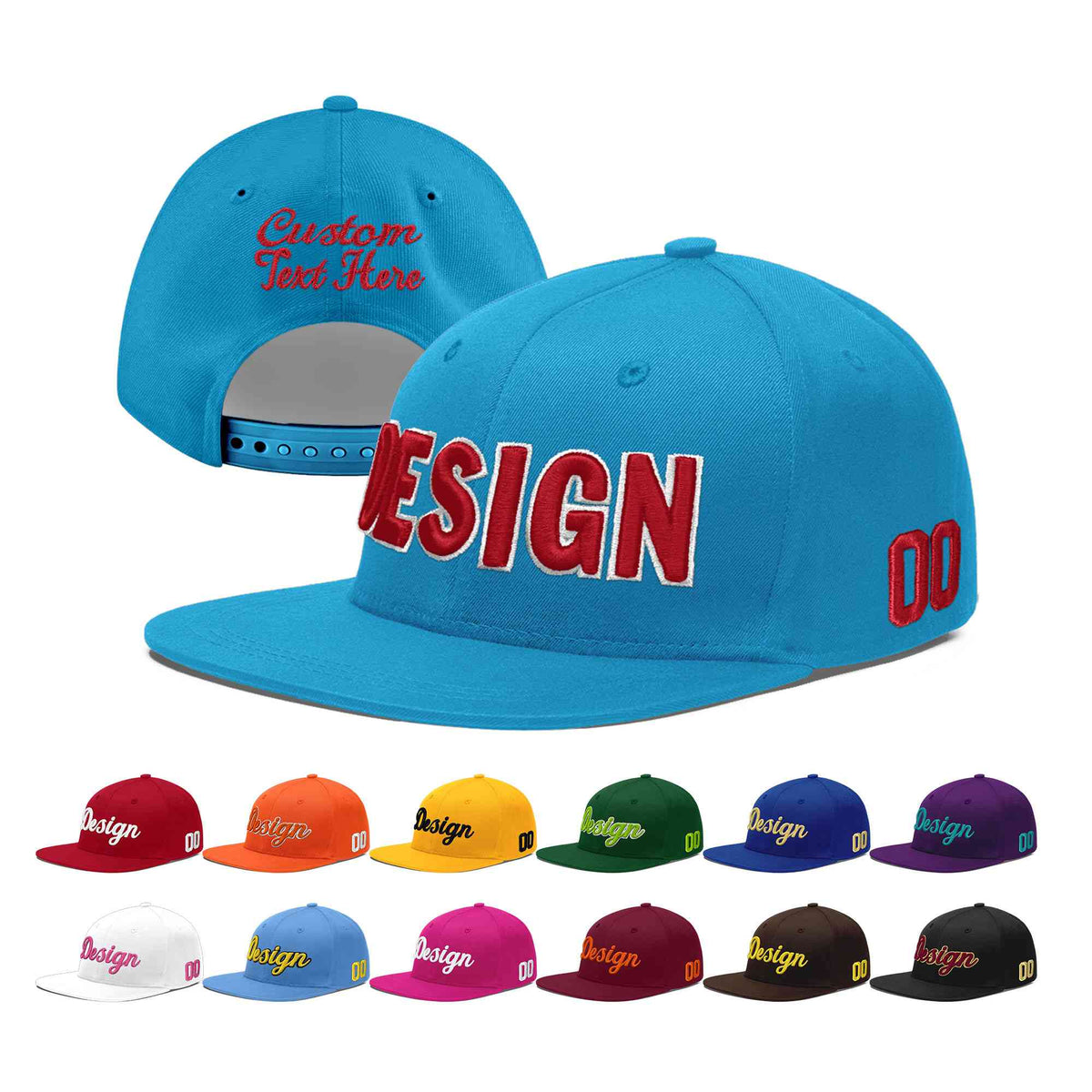 Custom Light Blue 3D Puff Embroidery Flat Embroidery Casual Sport Baseball Cap