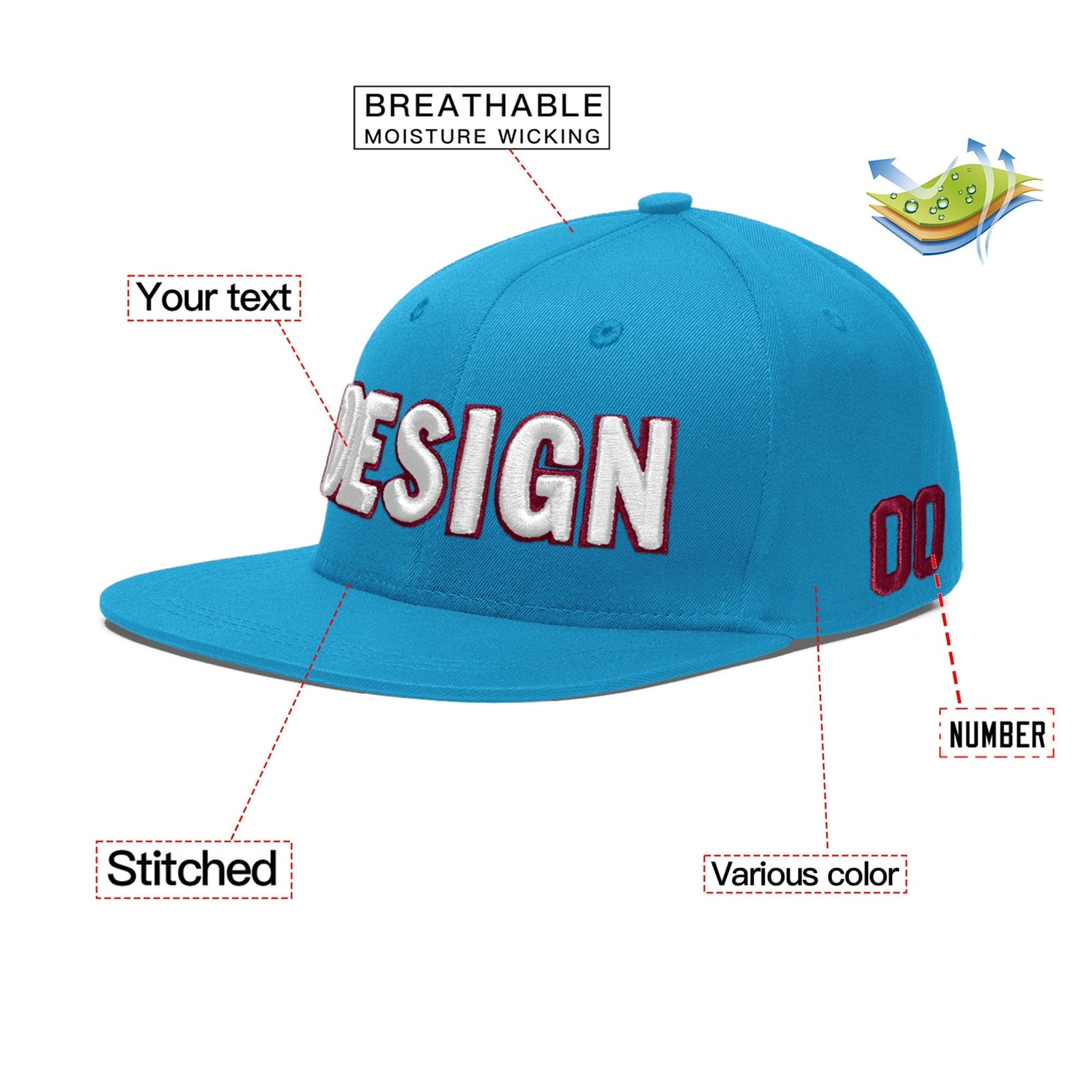 Custom Light Blue 3D Puff Embroidery Flat Embroidery Casual Sport Baseball Cap