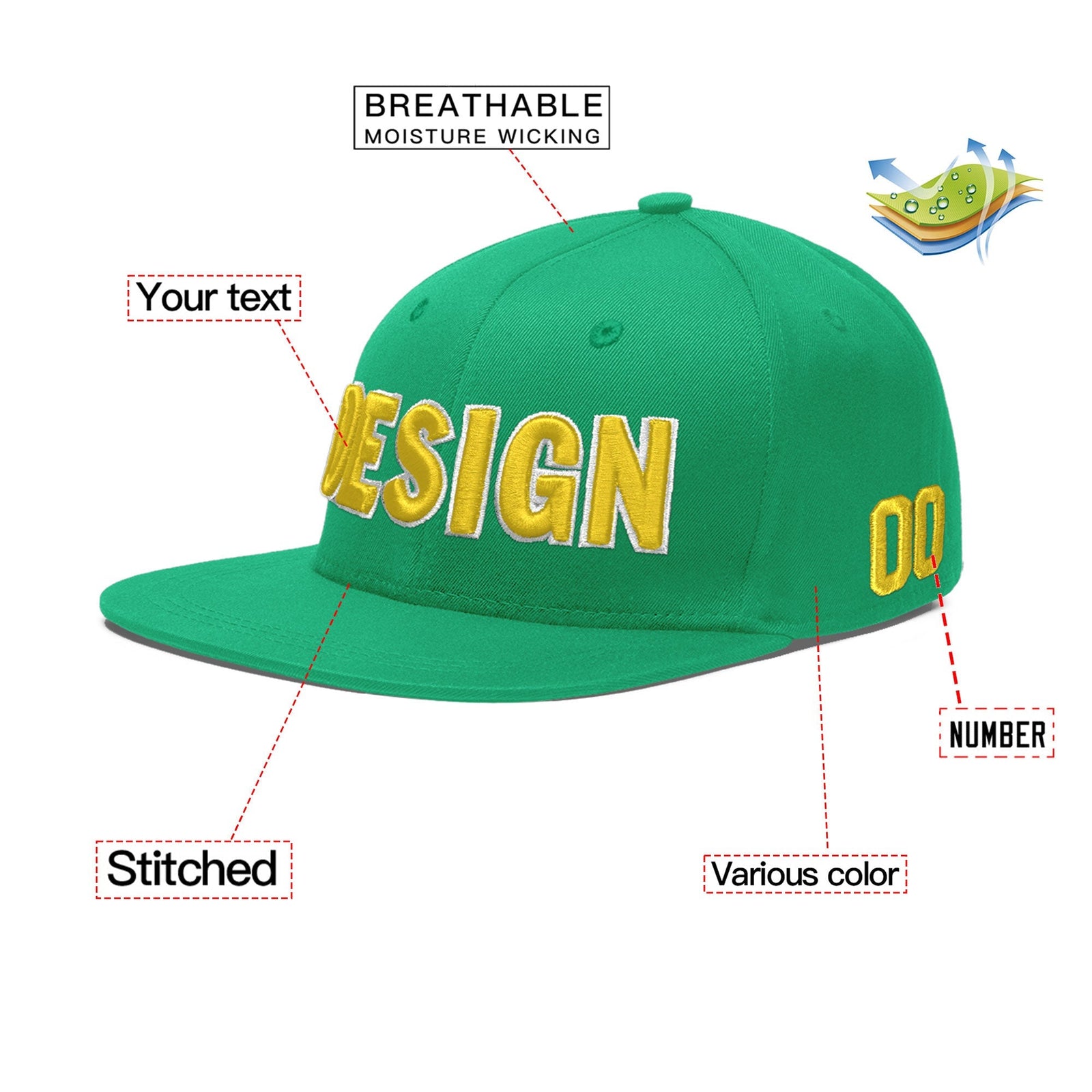 Custom Aqua 3D Puff Embroidery Flat Embroidery Casual Sport Baseball Cap
