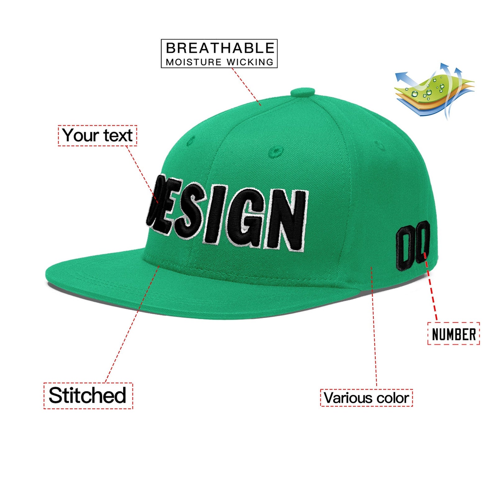 Custom Aqua 3D Puff Embroidery Flat Embroidery Casual Sport Baseball Cap