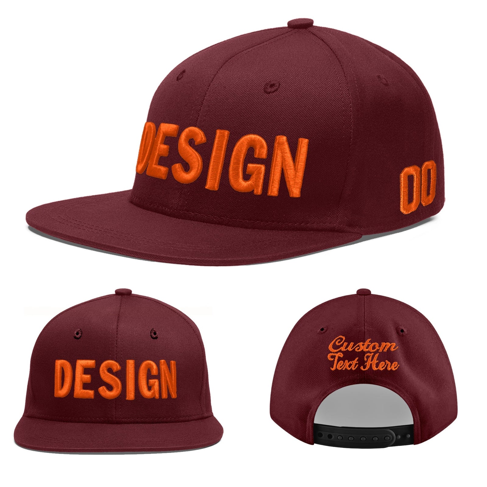 Custom Maroon 3D Puff Embroidery Flat Embroidery Casual Sport Baseball Cap