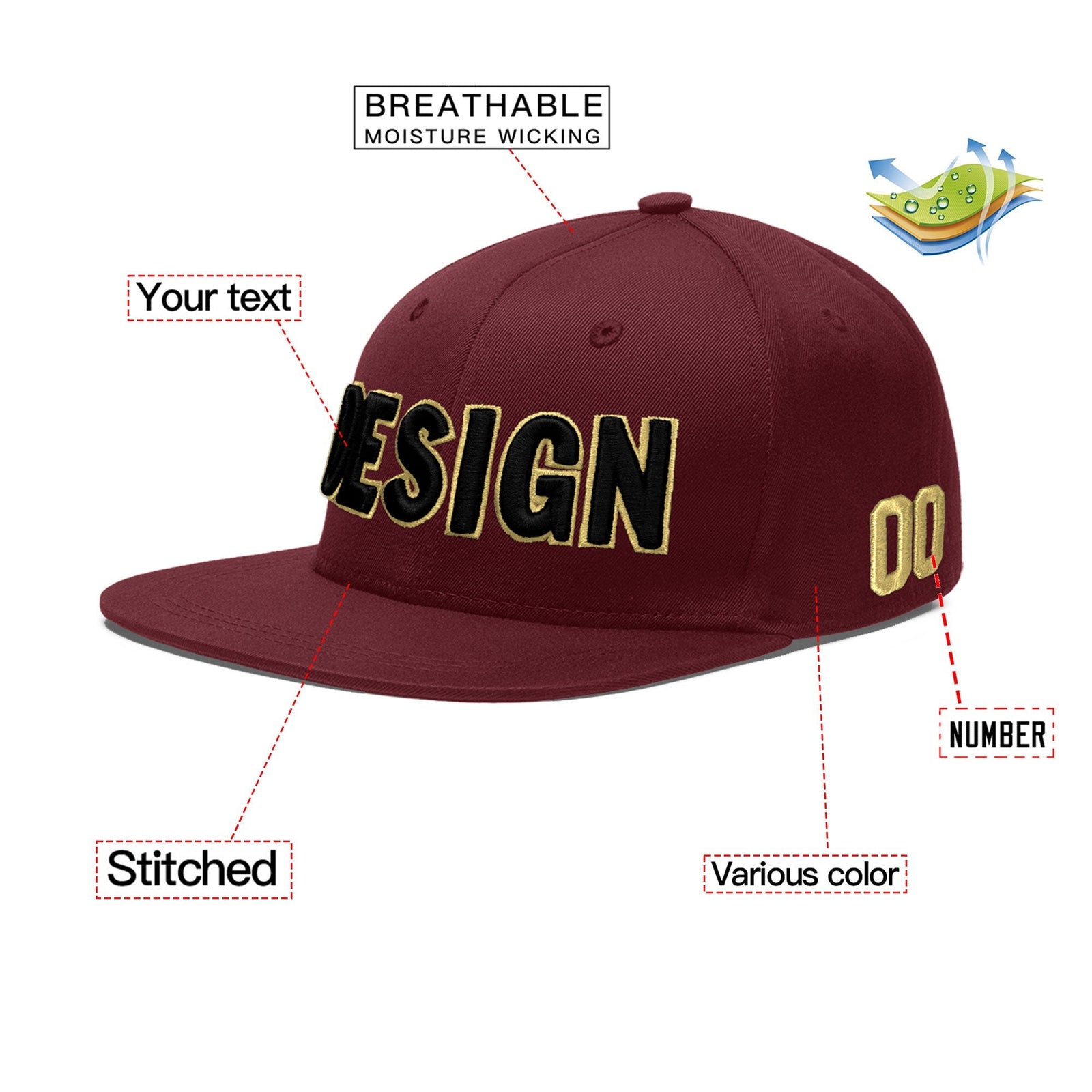 Custom Maroon 3D Puff Embroidery Flat Embroidery Casual Sport Baseball Cap