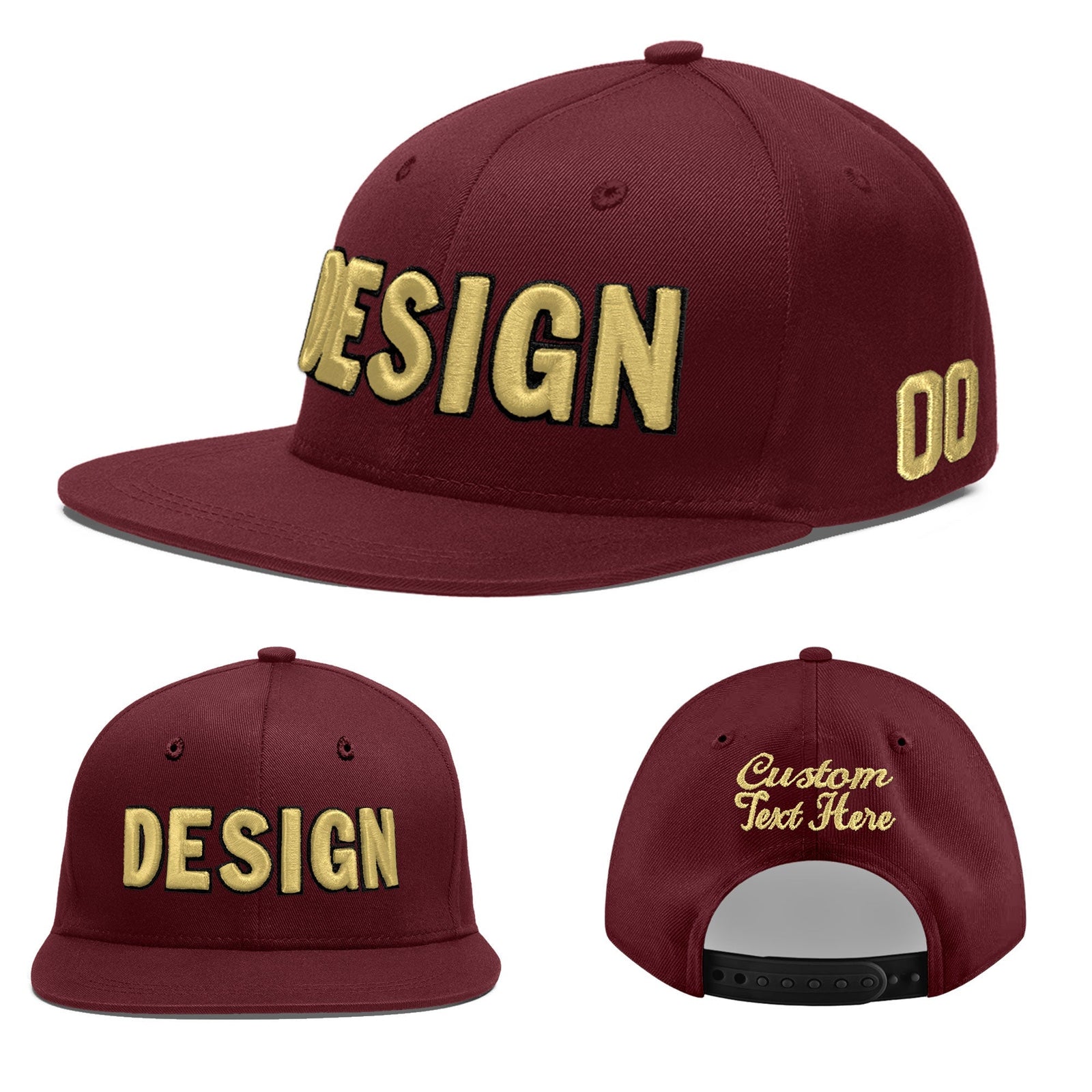 Custom Maroon 3D Puff Embroidery Flat Embroidery Casual Sport Baseball Cap