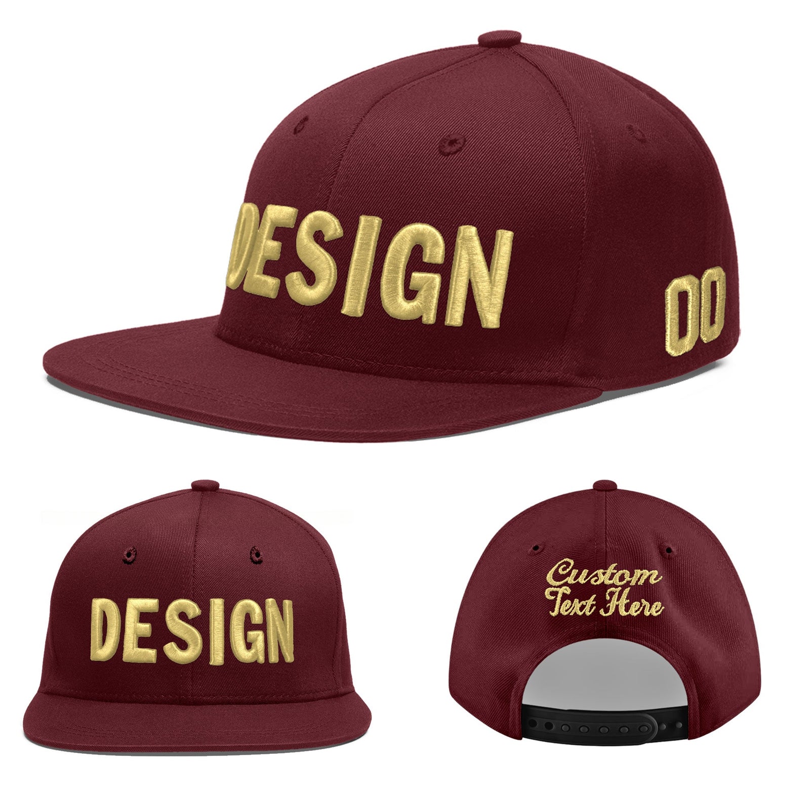 Custom Maroon 3D Puff Embroidery Flat Embroidery Casual Sport Baseball Cap
