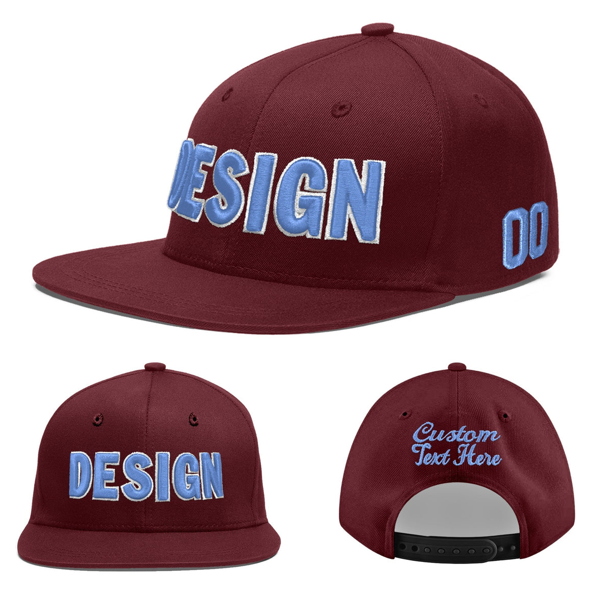 Custom Maroon 3D Puff Embroidery Flat Embroidery Casual Sport Baseball Cap