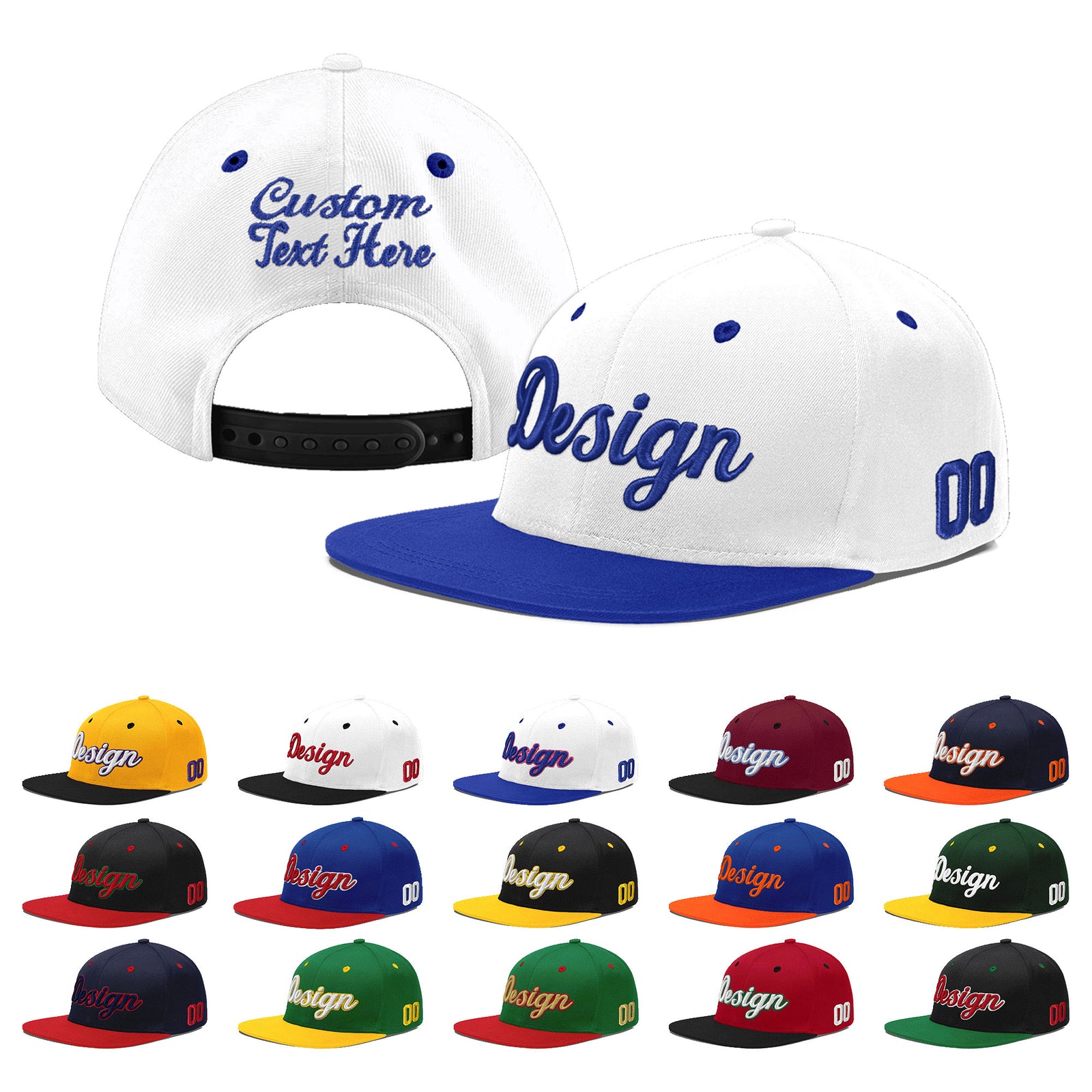 Custom White Royal Blue 3D Puff Embroidery Flat Embroidery Casual Sport Baseball Cap