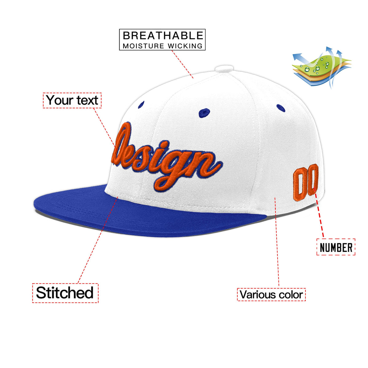 Custom White Royal Blue 3D Puff Embroidery Flat Embroidery Casual Sport Baseball Cap