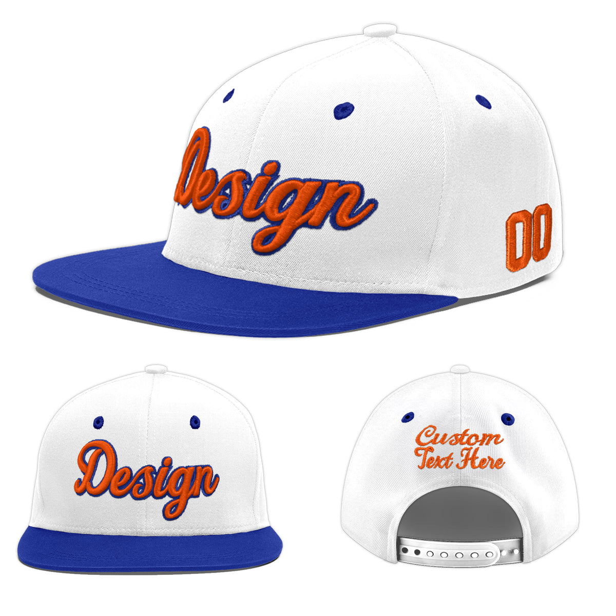 Custom White Royal Blue 3D Puff Embroidery Flat Embroidery Casual Sport Baseball Cap
