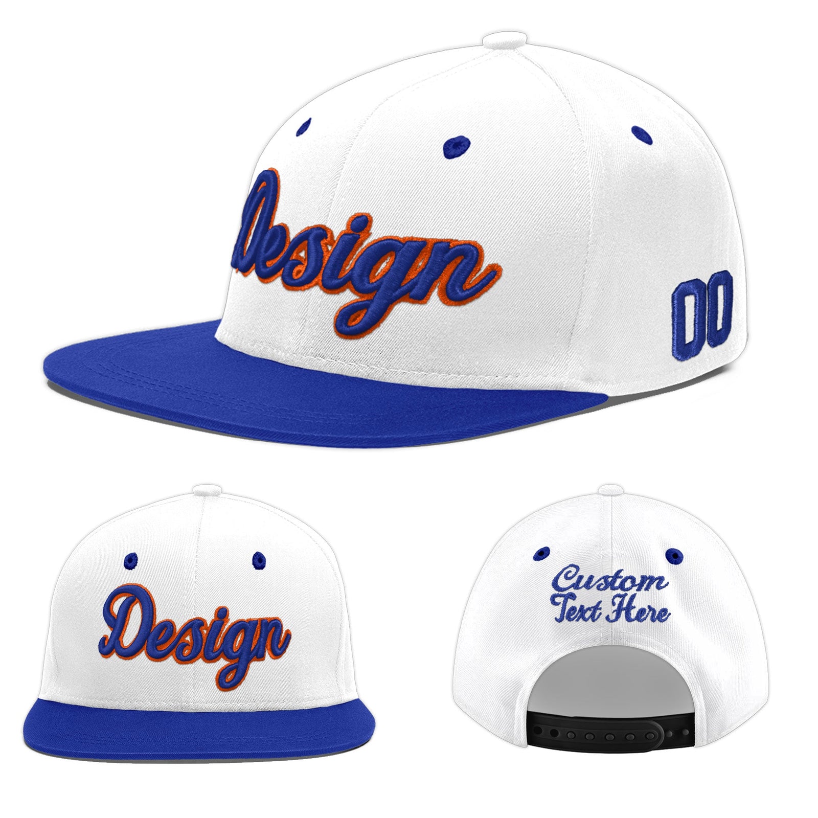 Custom White Royal Blue 3D Puff Embroidery Flat Embroidery Casual Sport Baseball Cap