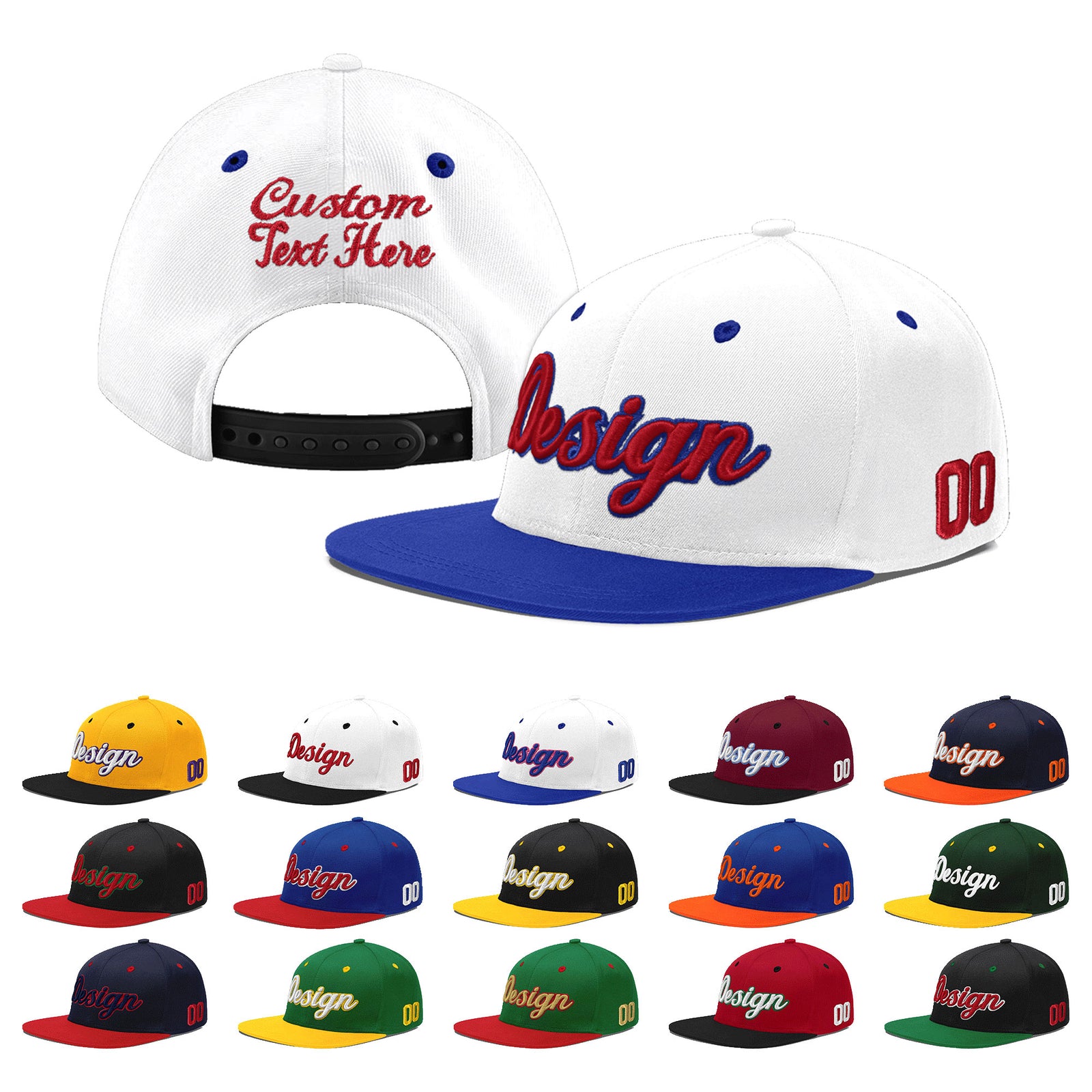 Custom White Royal Blue 3D Puff Embroidery Flat Embroidery Casual Sport Baseball Cap