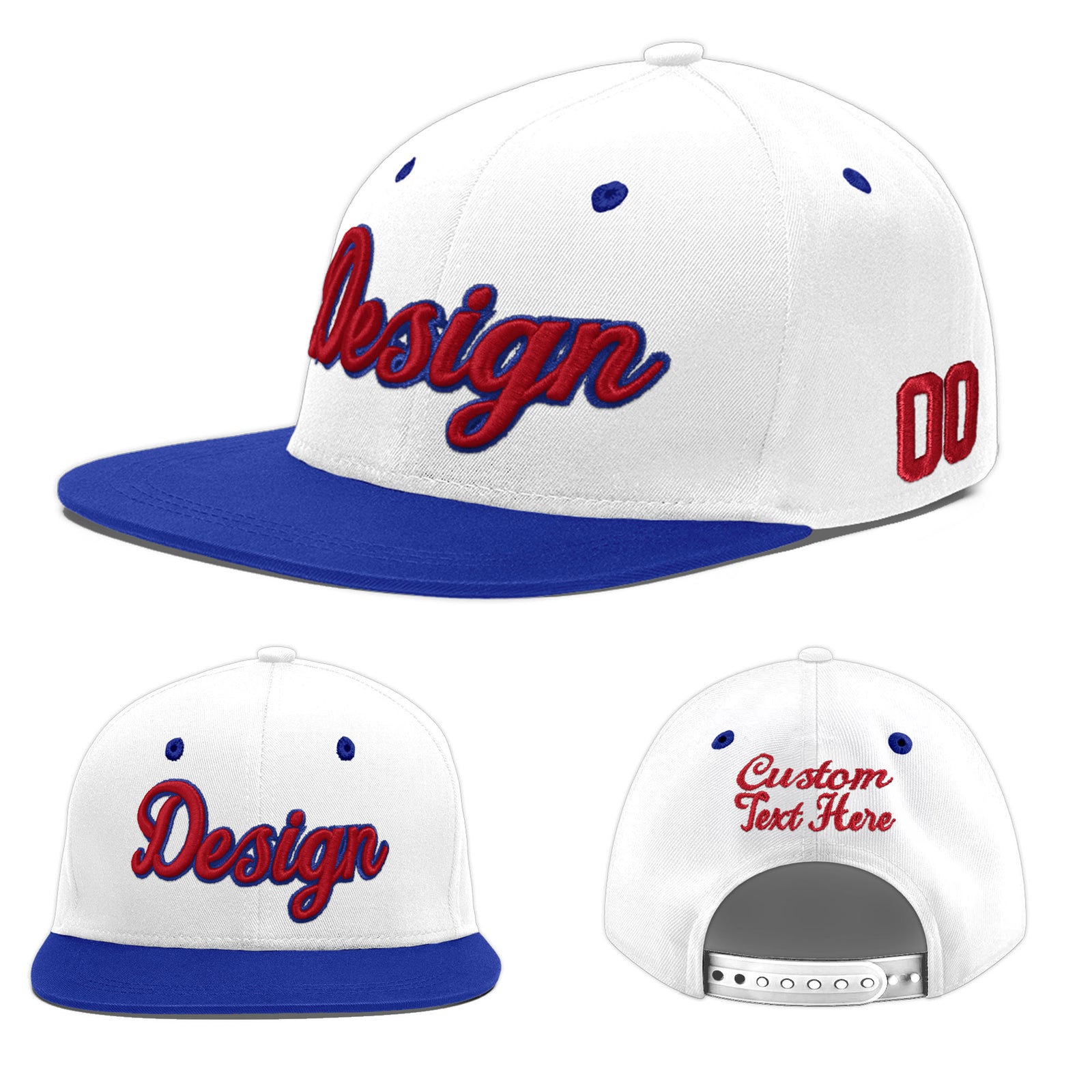 Custom White Royal Blue 3D Puff Embroidery Flat Embroidery Casual Sport Baseball Cap
