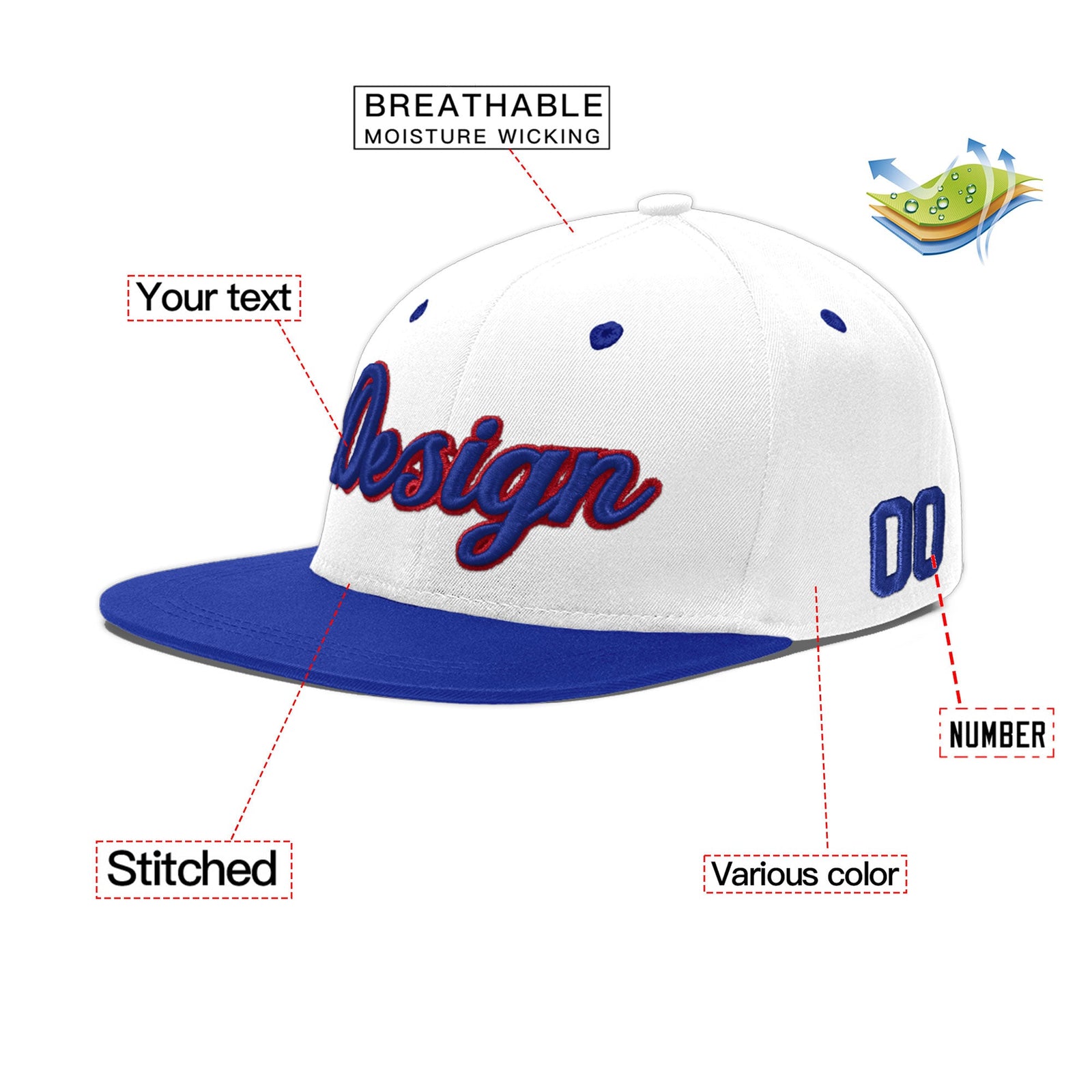 Custom White Royal Blue 3D Puff Embroidery Flat Embroidery Casual Sport Baseball Cap