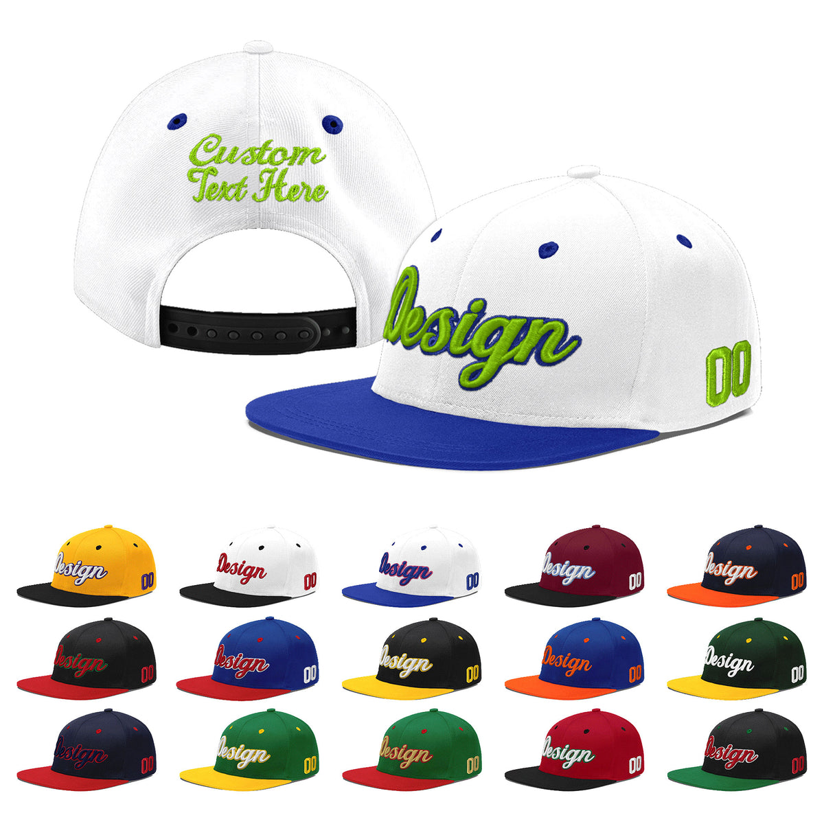 Custom White Royal Blue 3D Puff Embroidery Flat Embroidery Casual Sport Baseball Cap