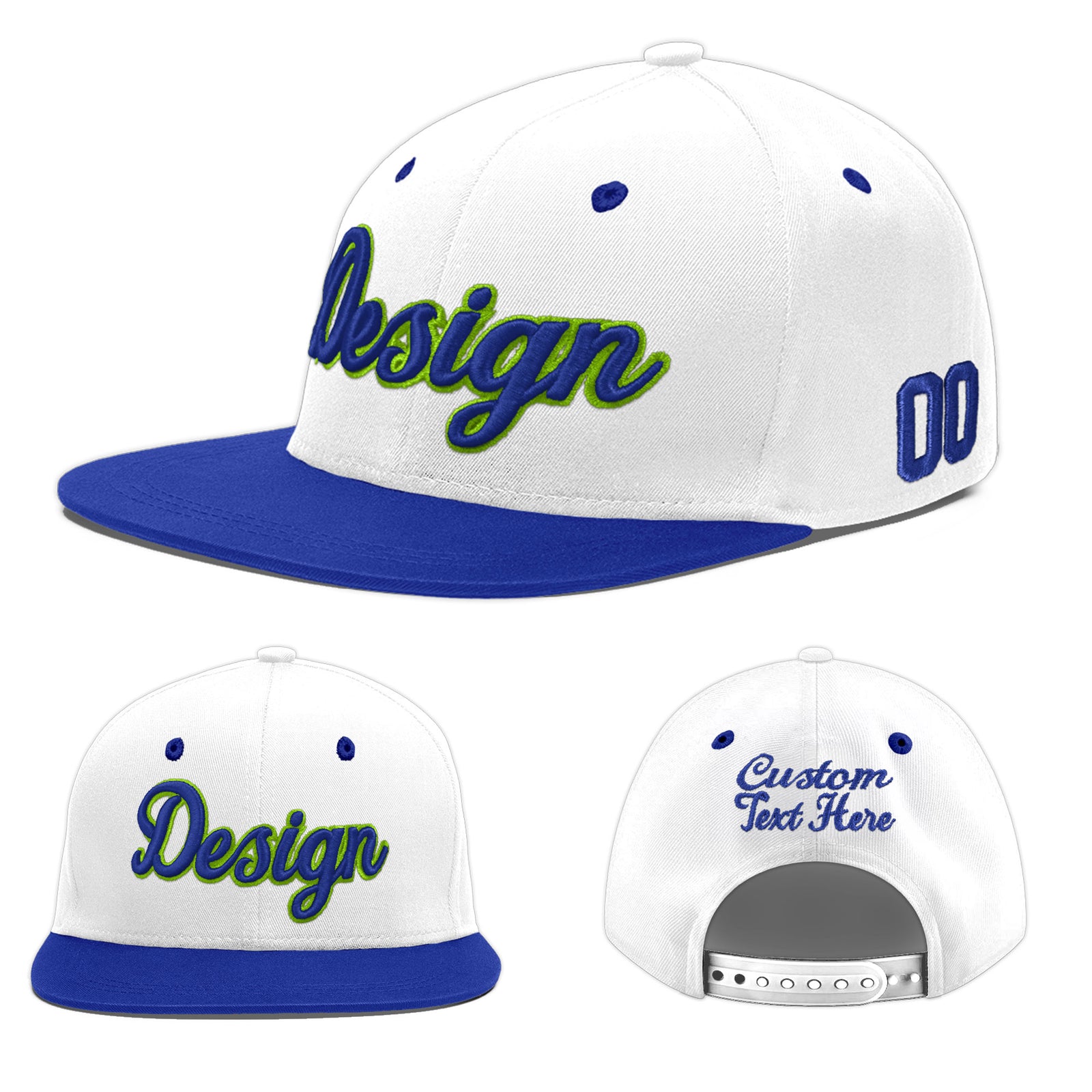 Custom White Royal Blue 4D Puff Embroidery Flat Embroidery Casual Sport Baseball Cap