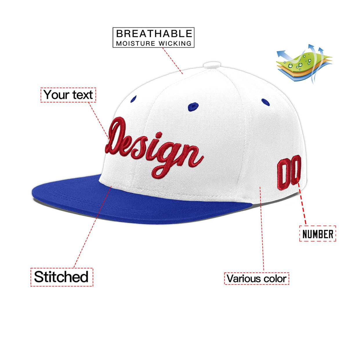 Custom White Royal Blue 13D Puff Embroidery Flat Embroidery Casual Sport Baseball Cap