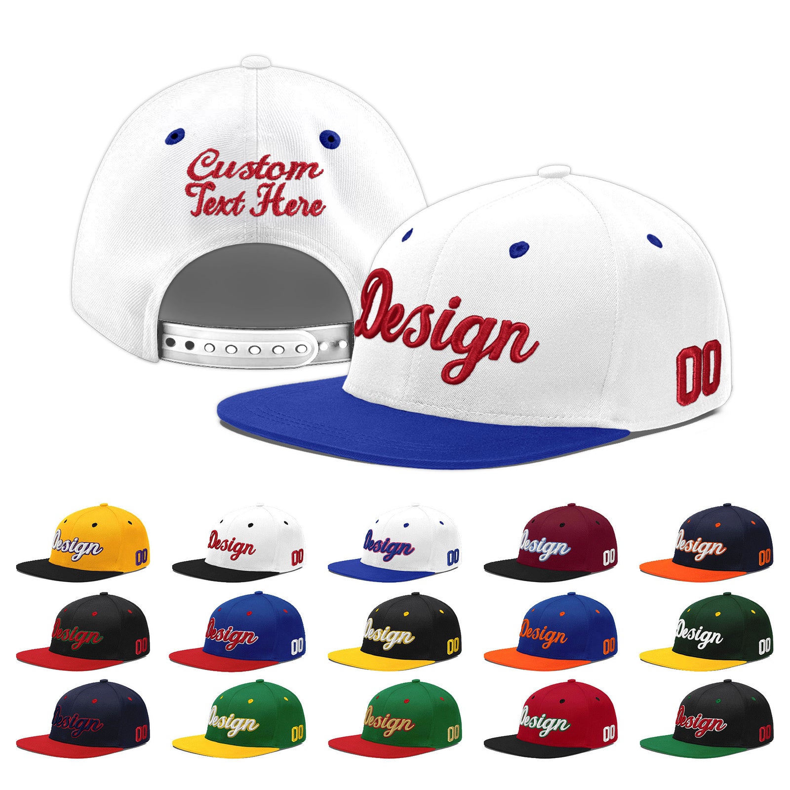 Custom White Royal Blue 11D Puff Embroidery Flat Embroidery Casual Sport Baseball Cap