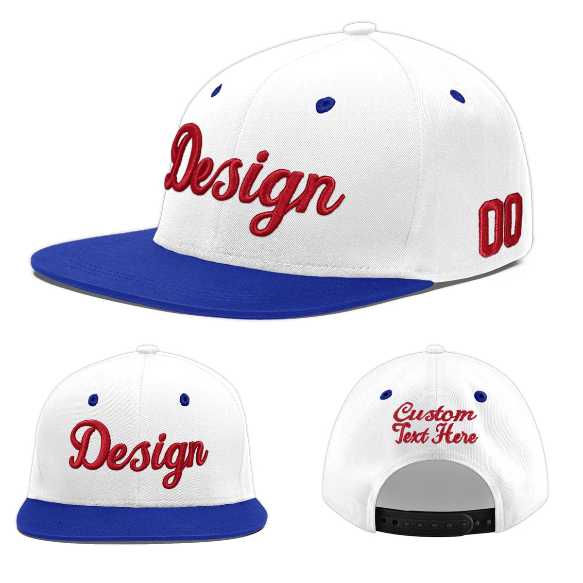 Custom White Royal Blue 12D Puff Embroidery Flat Embroidery Casual Sport Baseball Cap