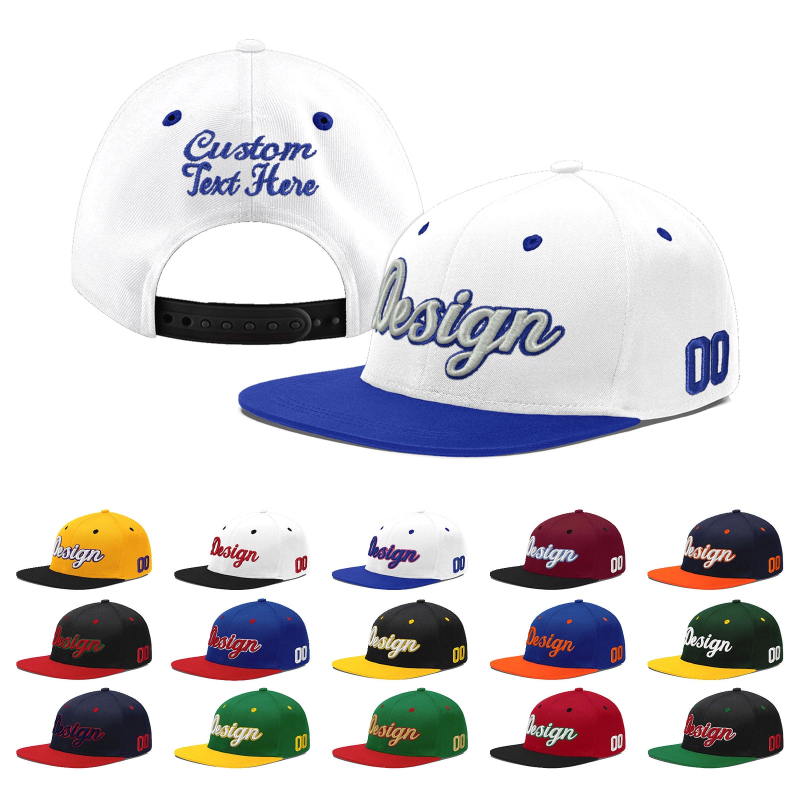 Custom White Royal Blue 19D Puff Embroidery Flat Embroidery Casual Sport Baseball Cap