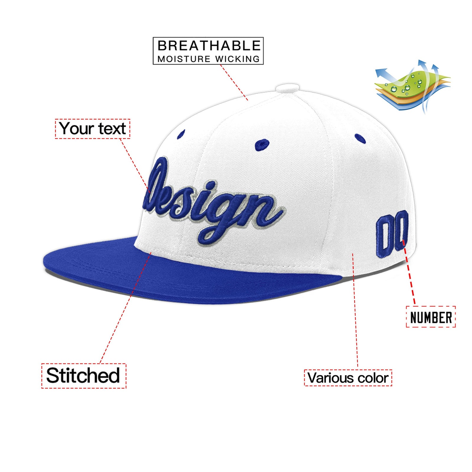 Custom White Royal Blue 29D Puff Embroidery Flat Embroidery Casual Sport Baseball Cap