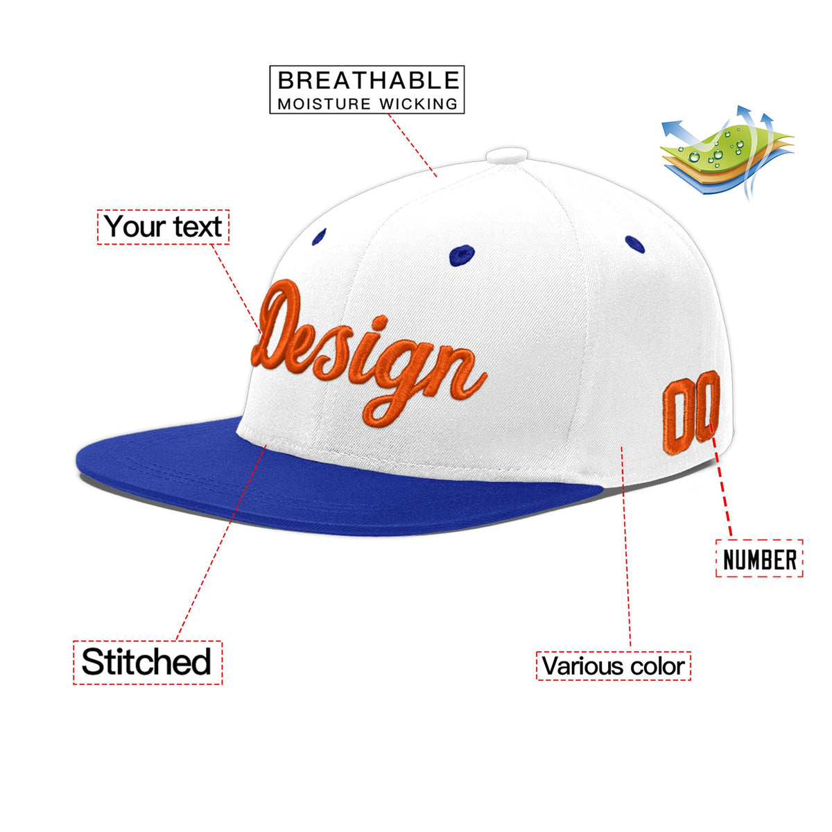 Custom White Royal Blue 37D Puff Embroidery Flat Embroidery Casual Sport Baseball Cap