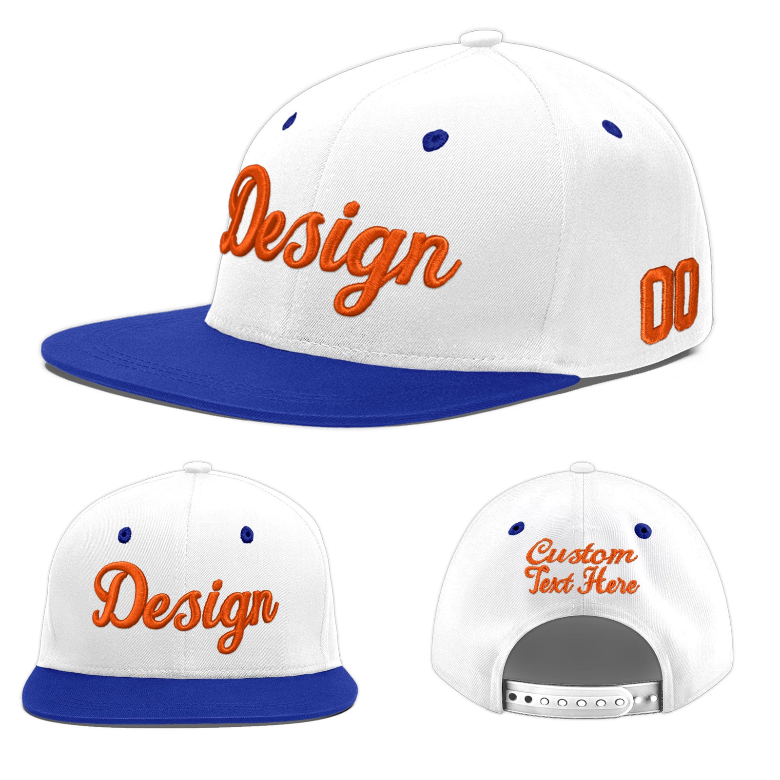 Custom White Royal Blue 36D Puff Embroidery Flat Embroidery Casual Sport Baseball Cap