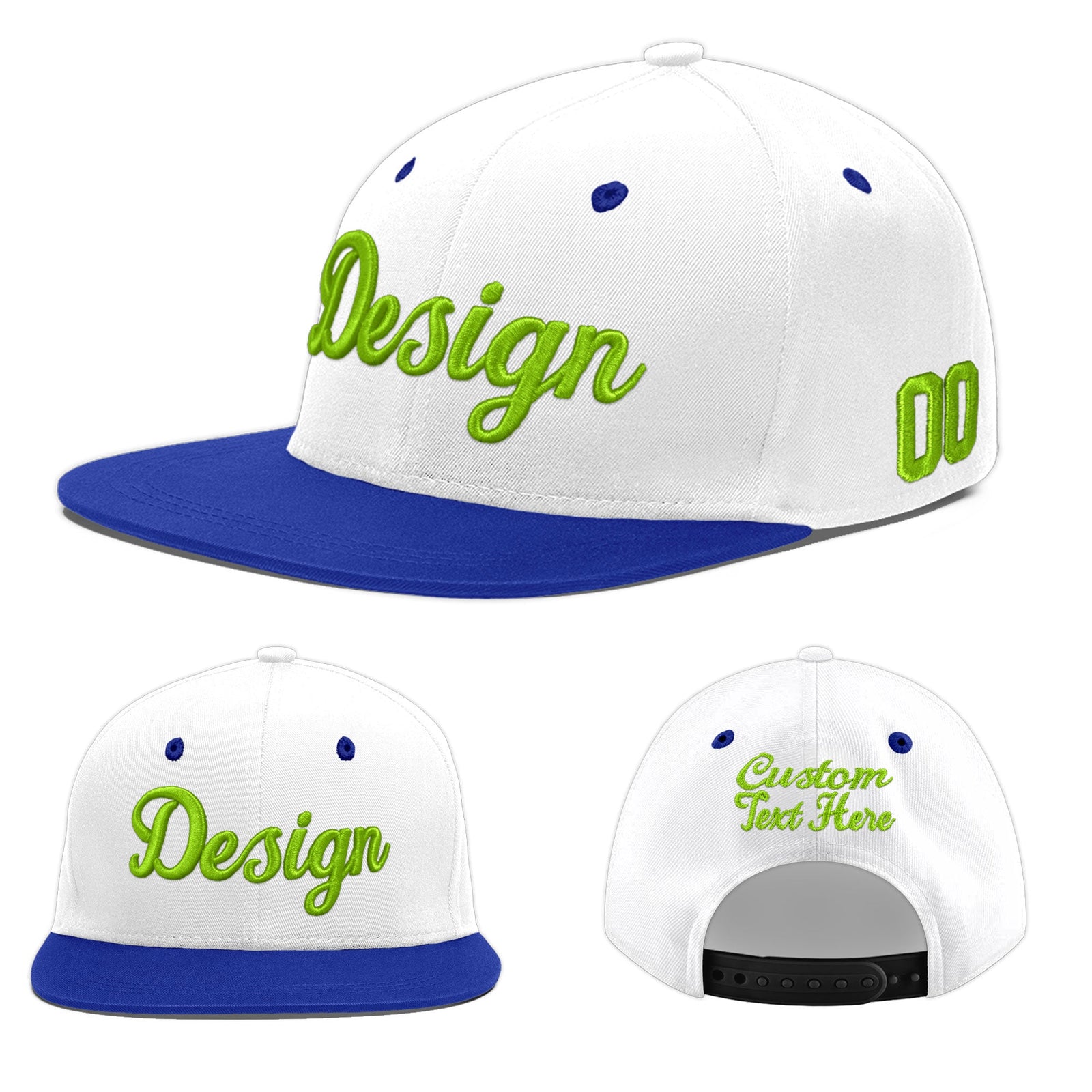 Custom White Royal Blue 3D Puff Embroidery Flat Embroidery Casual Sport Baseball Cap