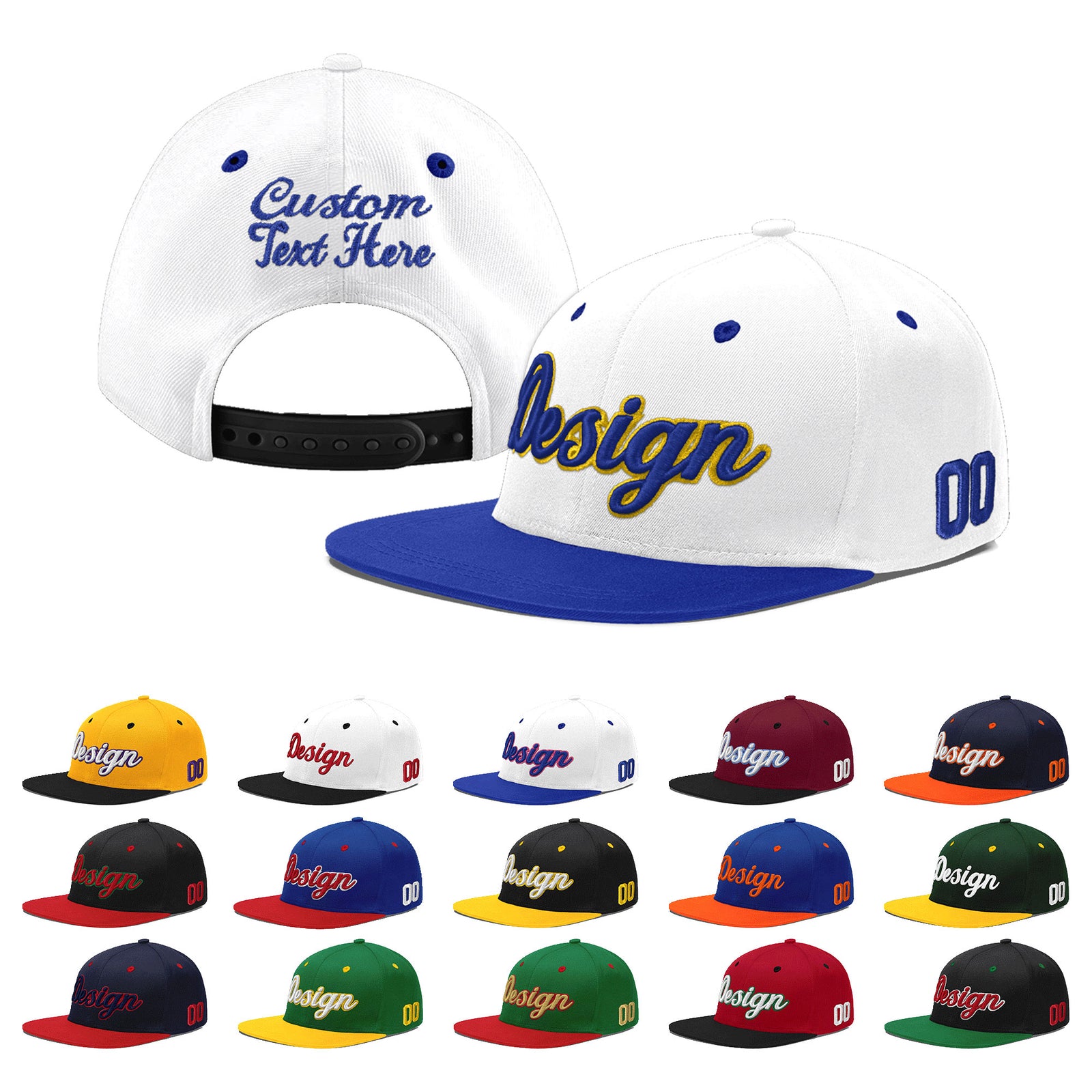 Custom White Royal Blue 11D Puff Embroidery Flat Embroidery Casual Sport Baseball Cap