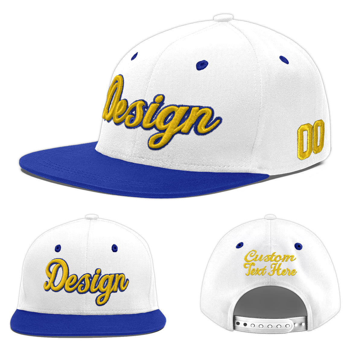 Custom White Royal Blue 20D Puff Embroidery Flat Embroidery Casual Sport Baseball Cap
