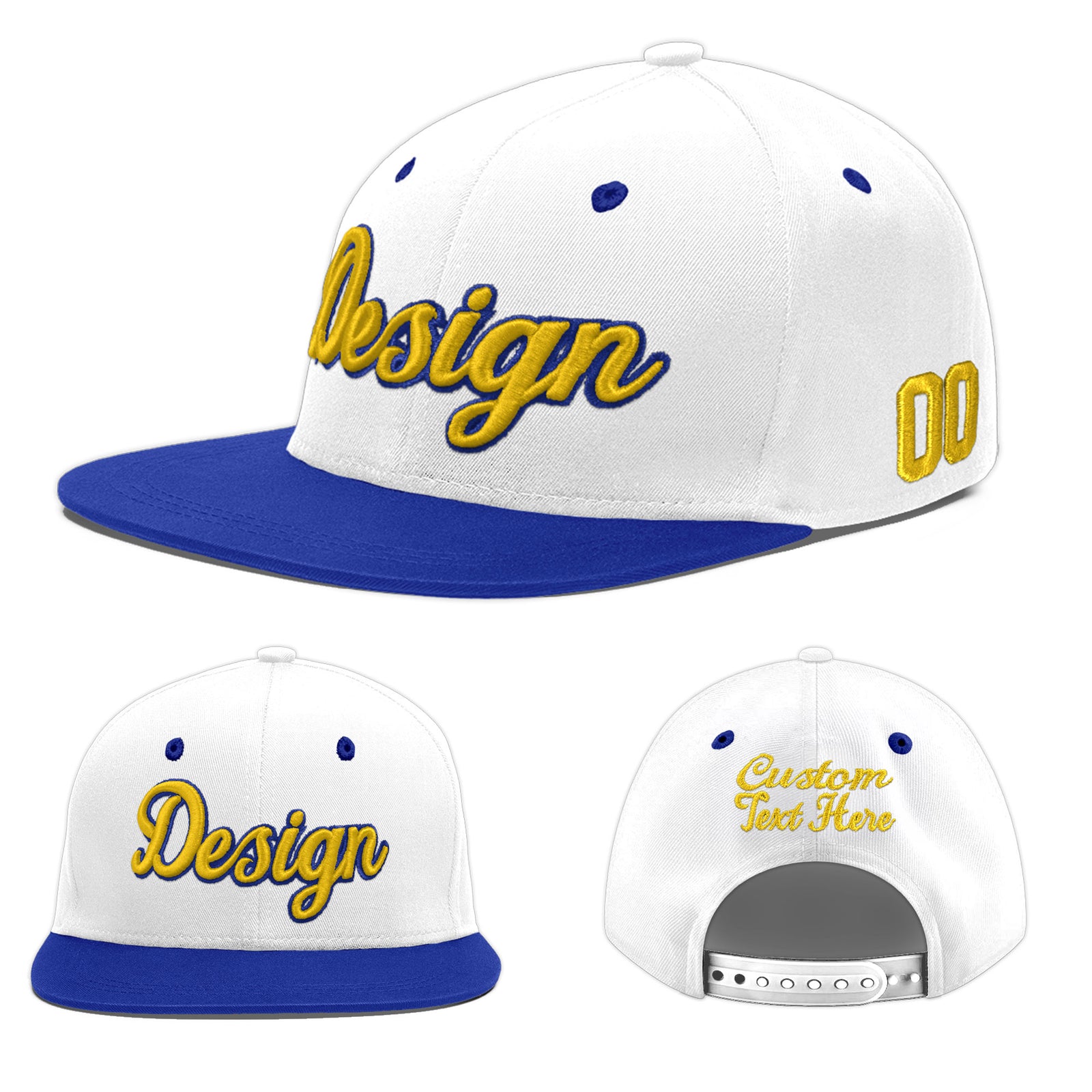 Custom White Royal Blue 20D Puff Embroidery Flat Embroidery Casual Sport Baseball Cap