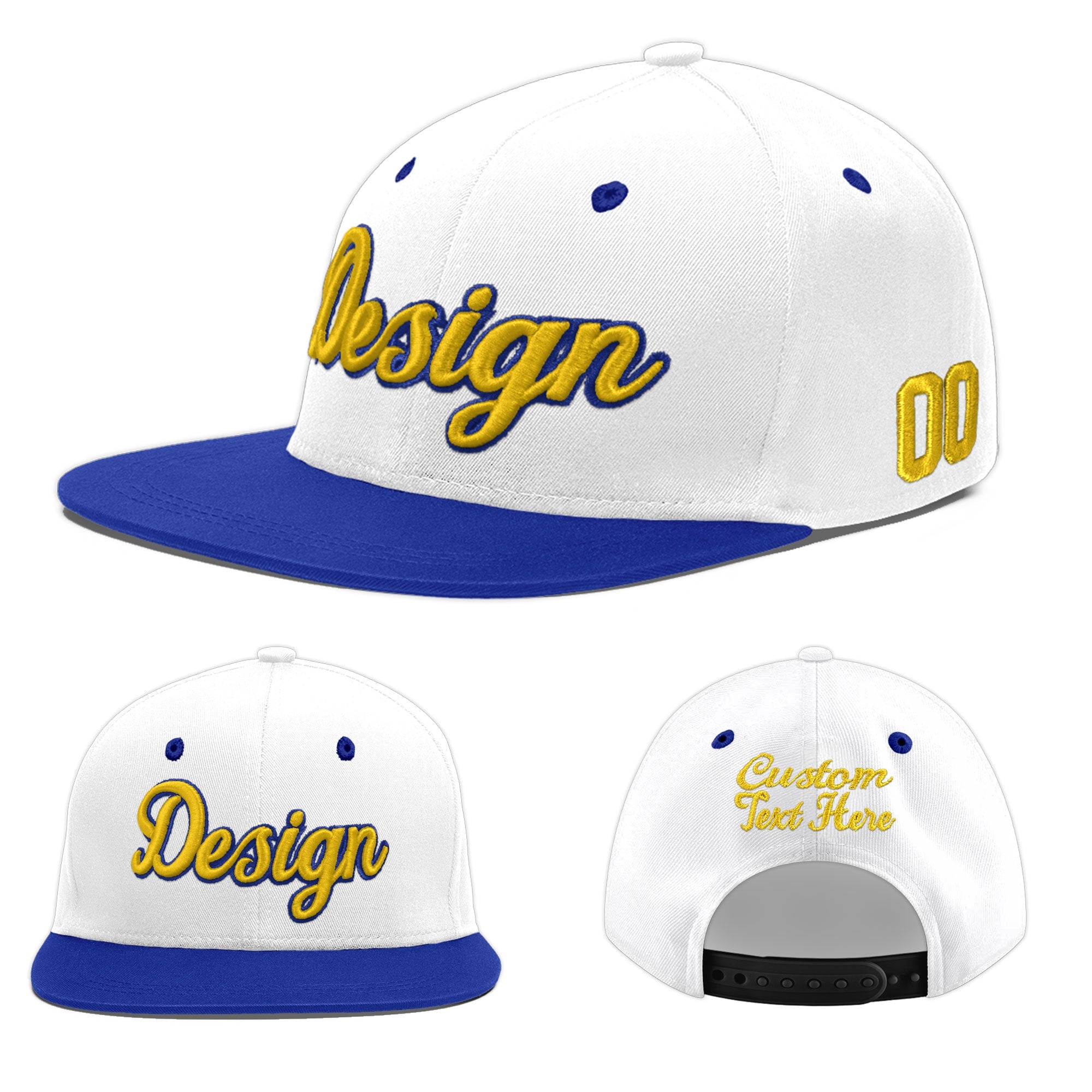 Custom White Royal Blue 20D Puff Embroidery Flat Embroidery Casual Sport Baseball Cap