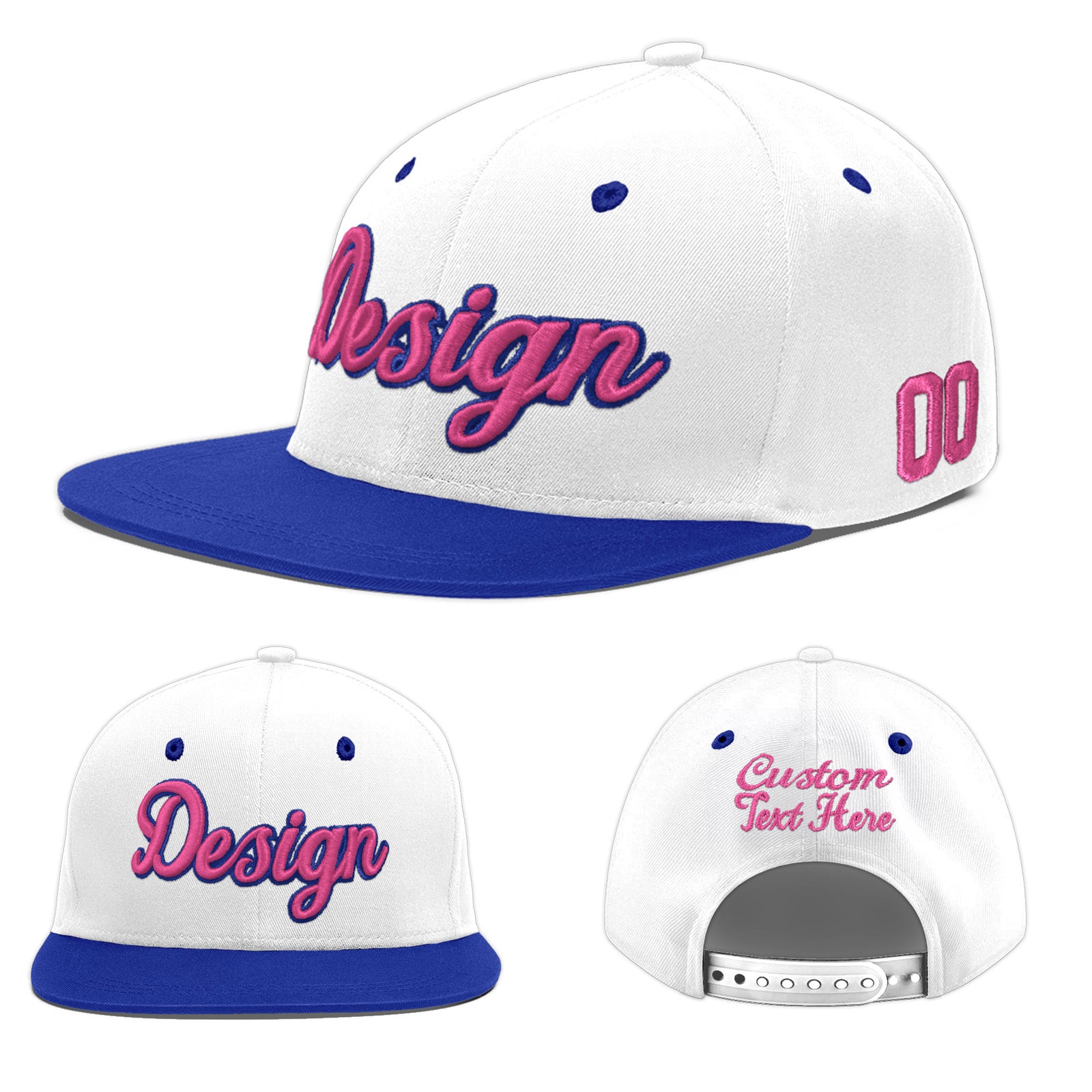 Custom White Royal Blue 28D Puff Embroidery Flat Embroidery Casual Sport Baseball Cap