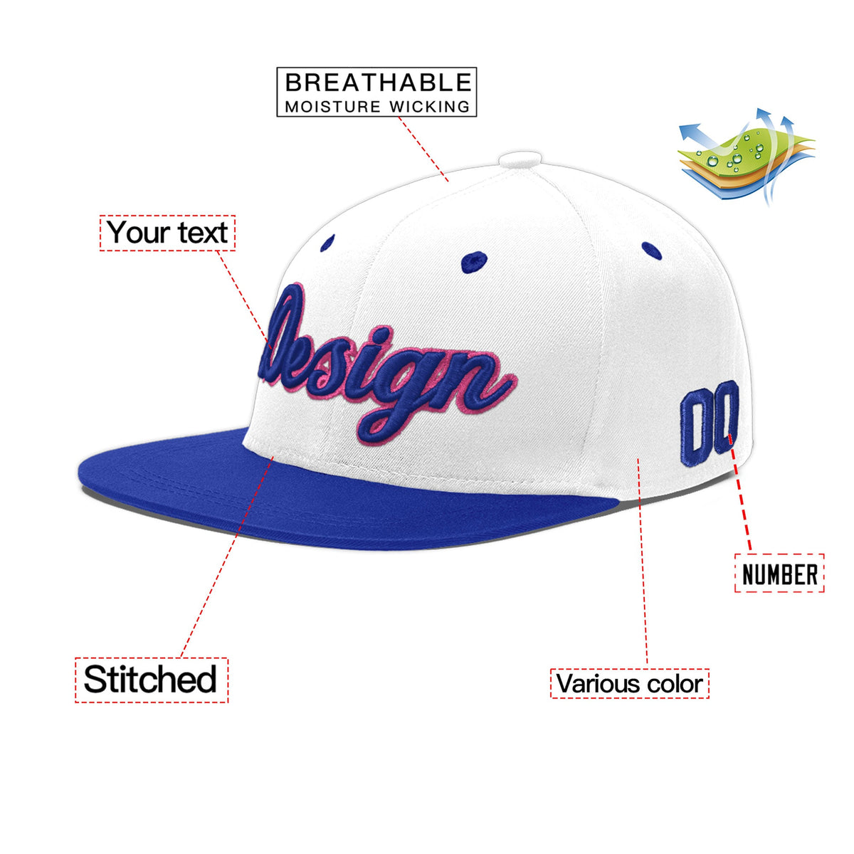 Custom White Royal Blue 37D Puff Embroidery Flat Embroidery Casual Sport Baseball Cap