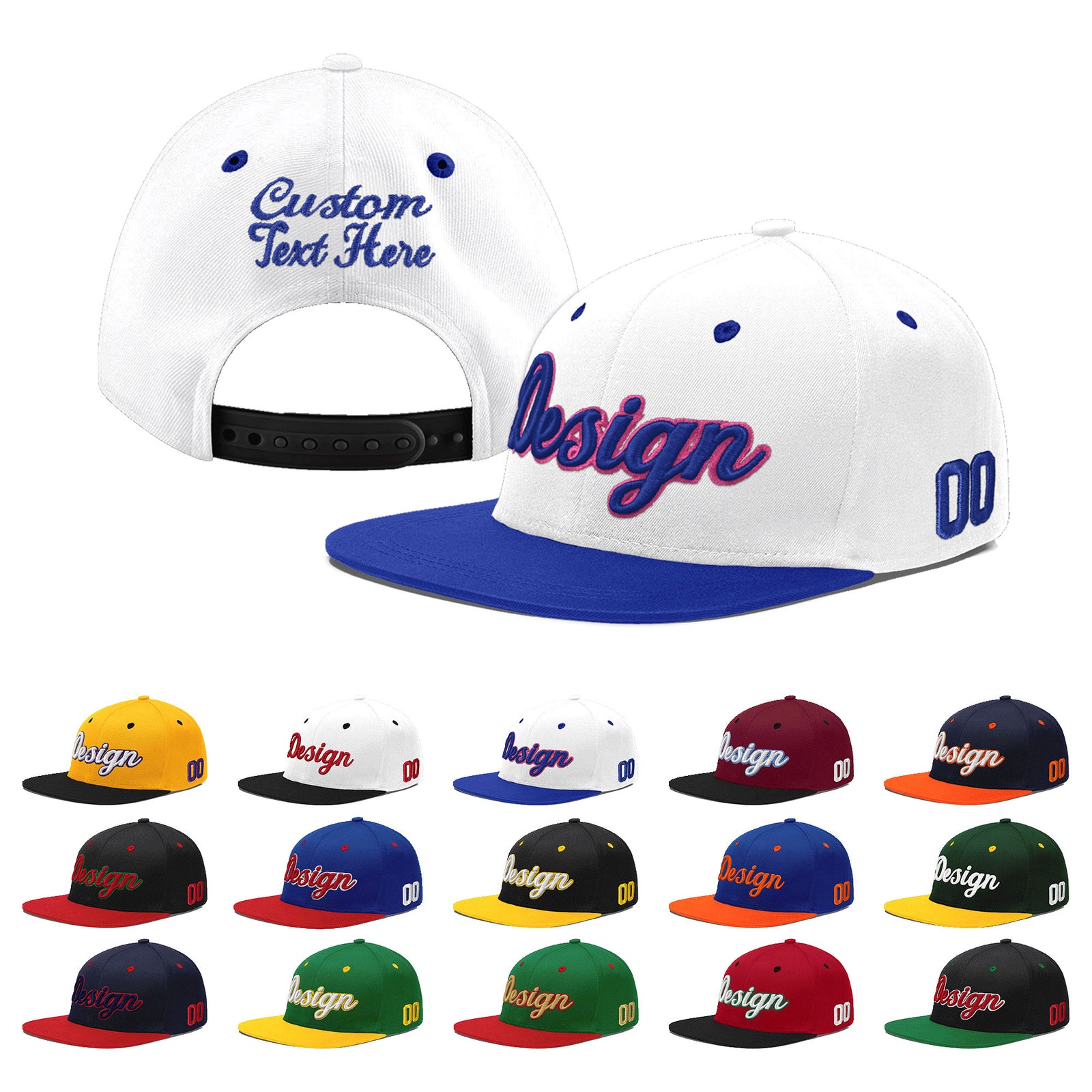 Custom White Royal Blue 35D Puff Embroidery Flat Embroidery Casual Sport Baseball Cap