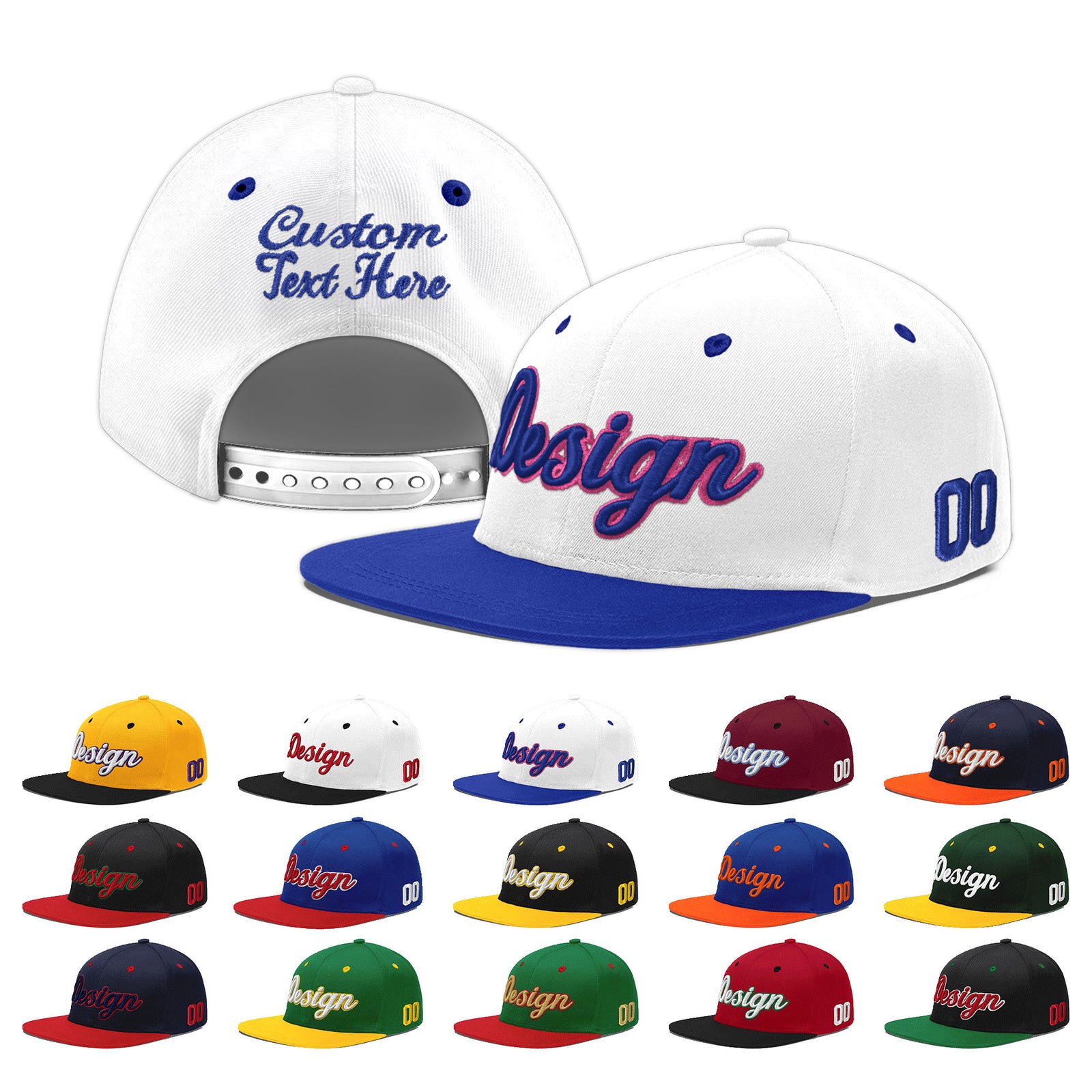Custom White Royal Blue 35D Puff Embroidery Flat Embroidery Casual Sport Baseball Cap