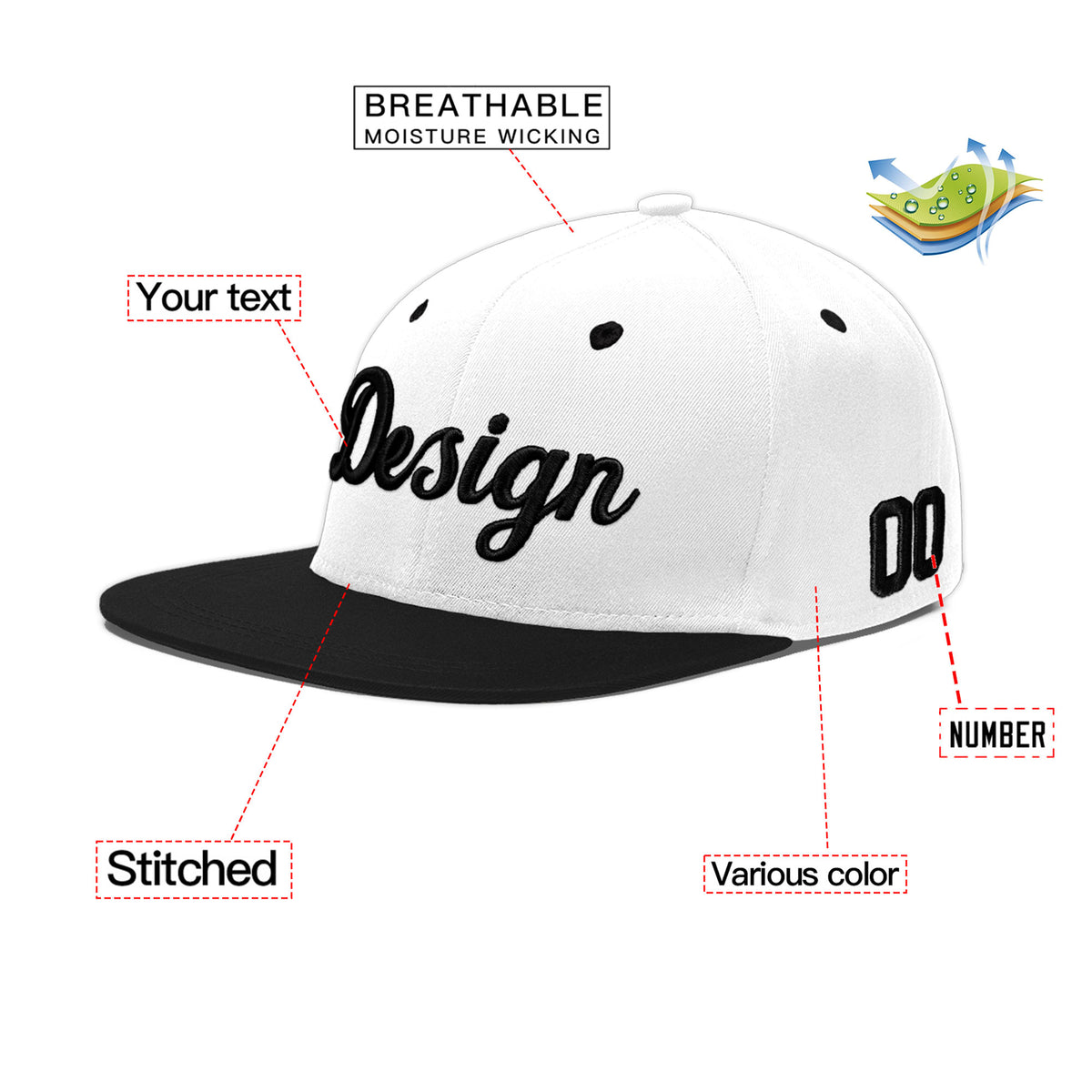 Custom White Black 3D Puff Embroidery Flat Embroidery Casual Sport Baseball Cap