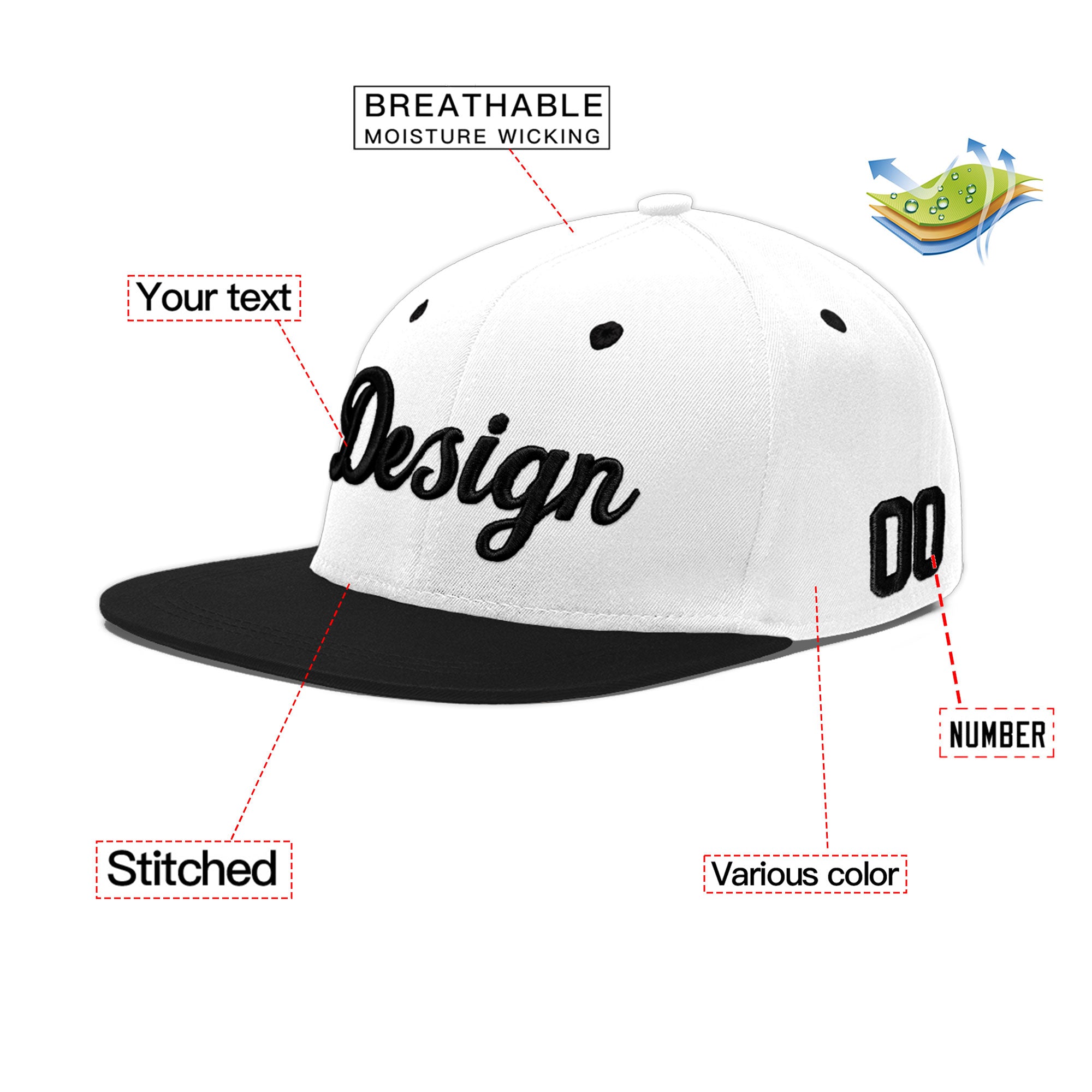 Custom White Black 3D Puff Embroidery Flat Embroidery Casual Sport Baseball Cap